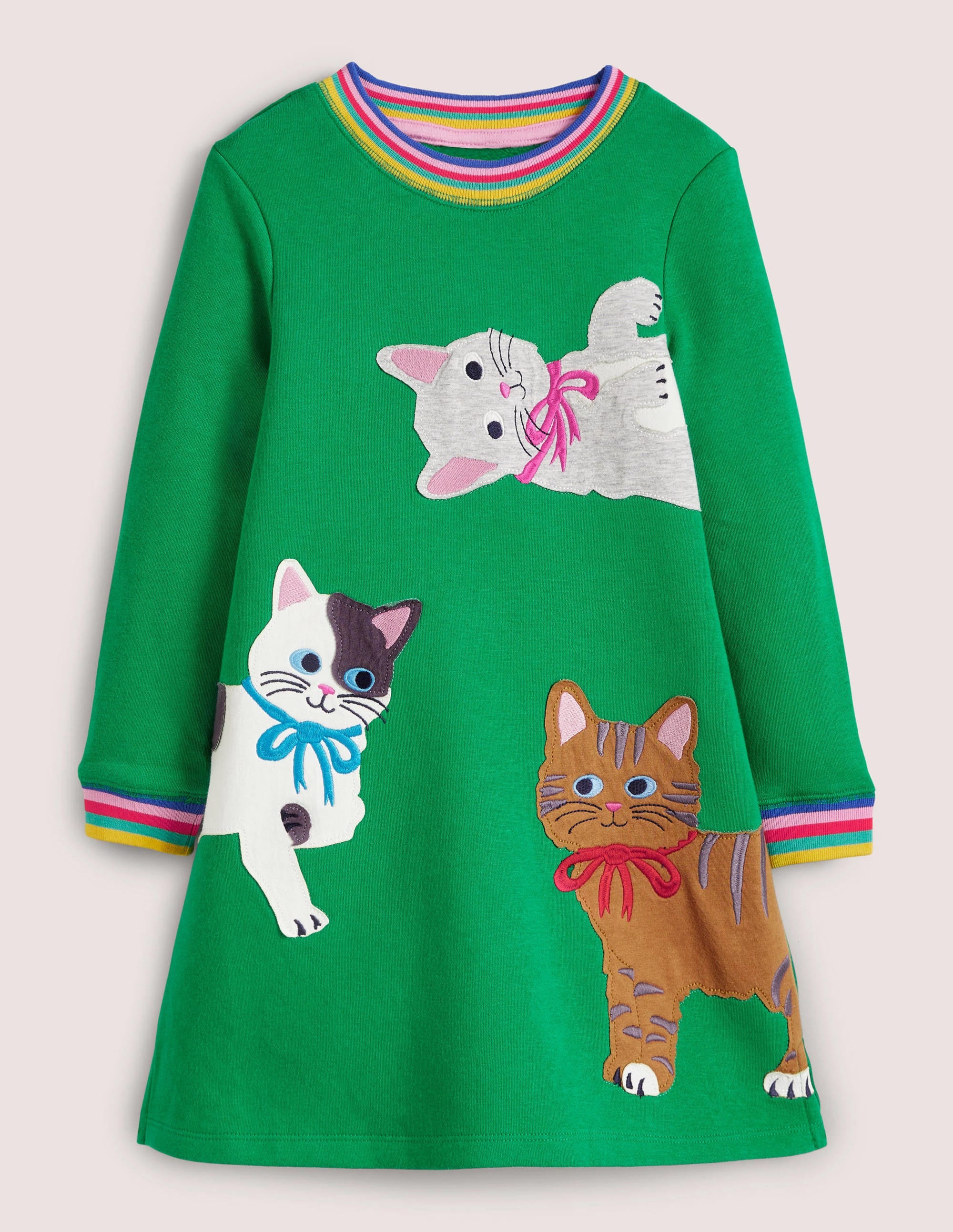 Green Rainbow Cat Print Sweatshirt Dress-Highland Green Cats - Image 1
