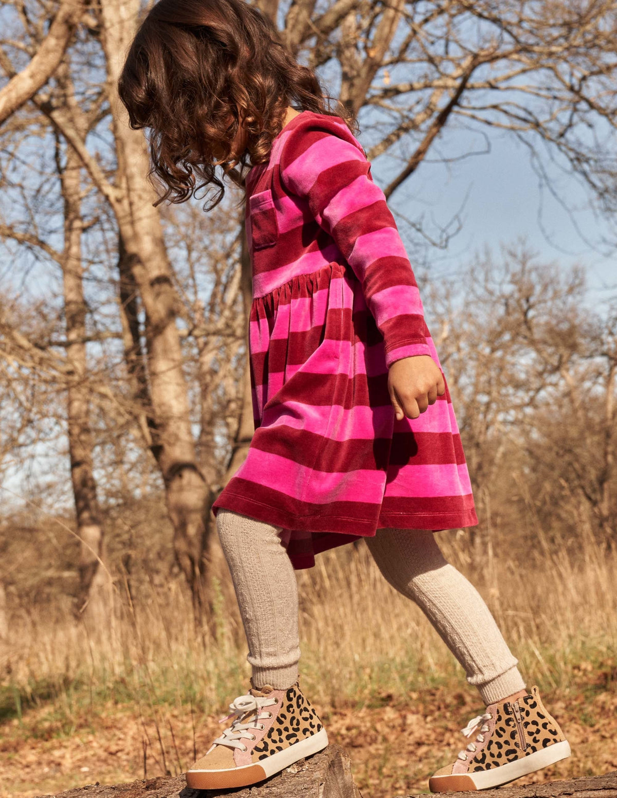 Velour Stripe Dress-Shocking Pink/ Damson Burgundy - Image 4