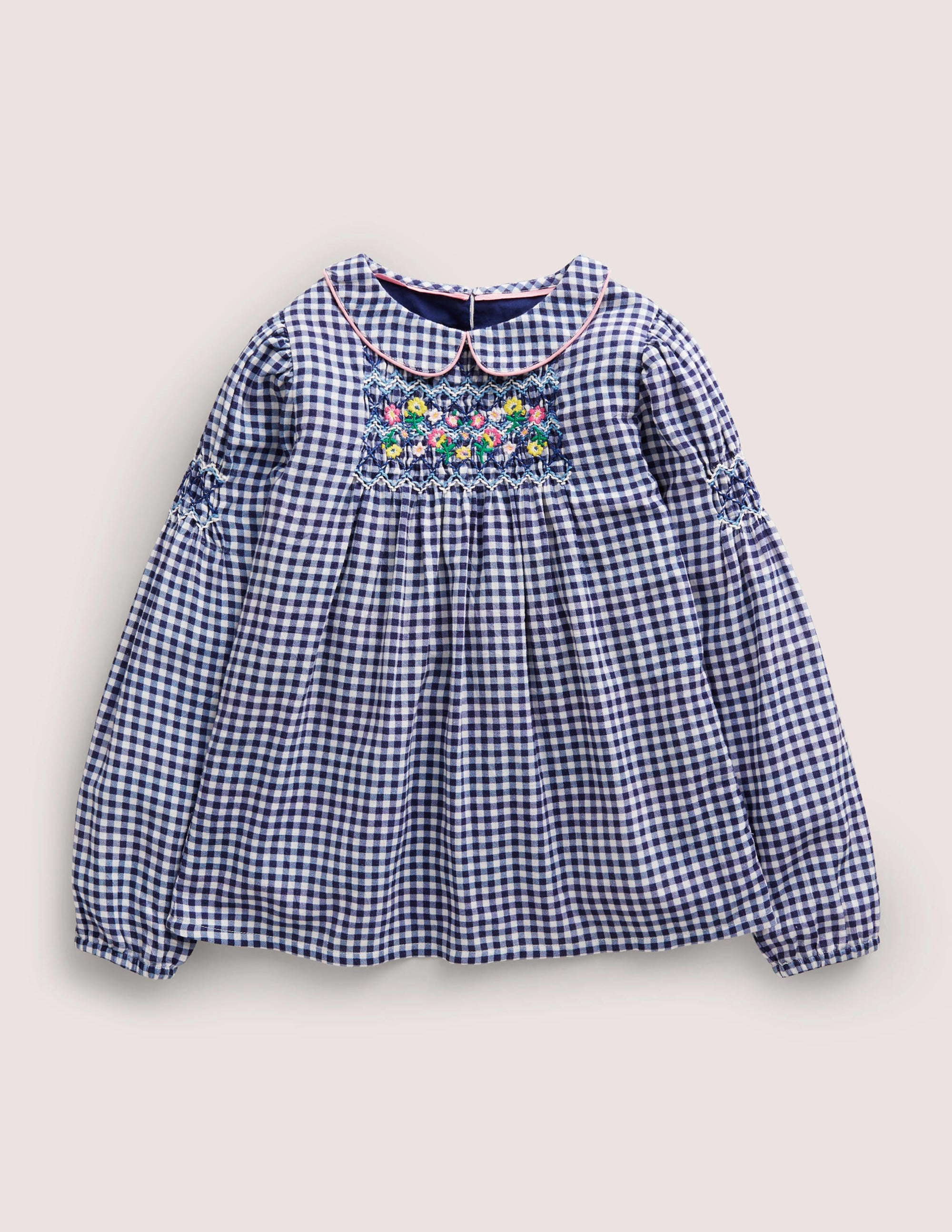 Collared Smocked Woven Top-Riviera Blue Gingham - Image 1