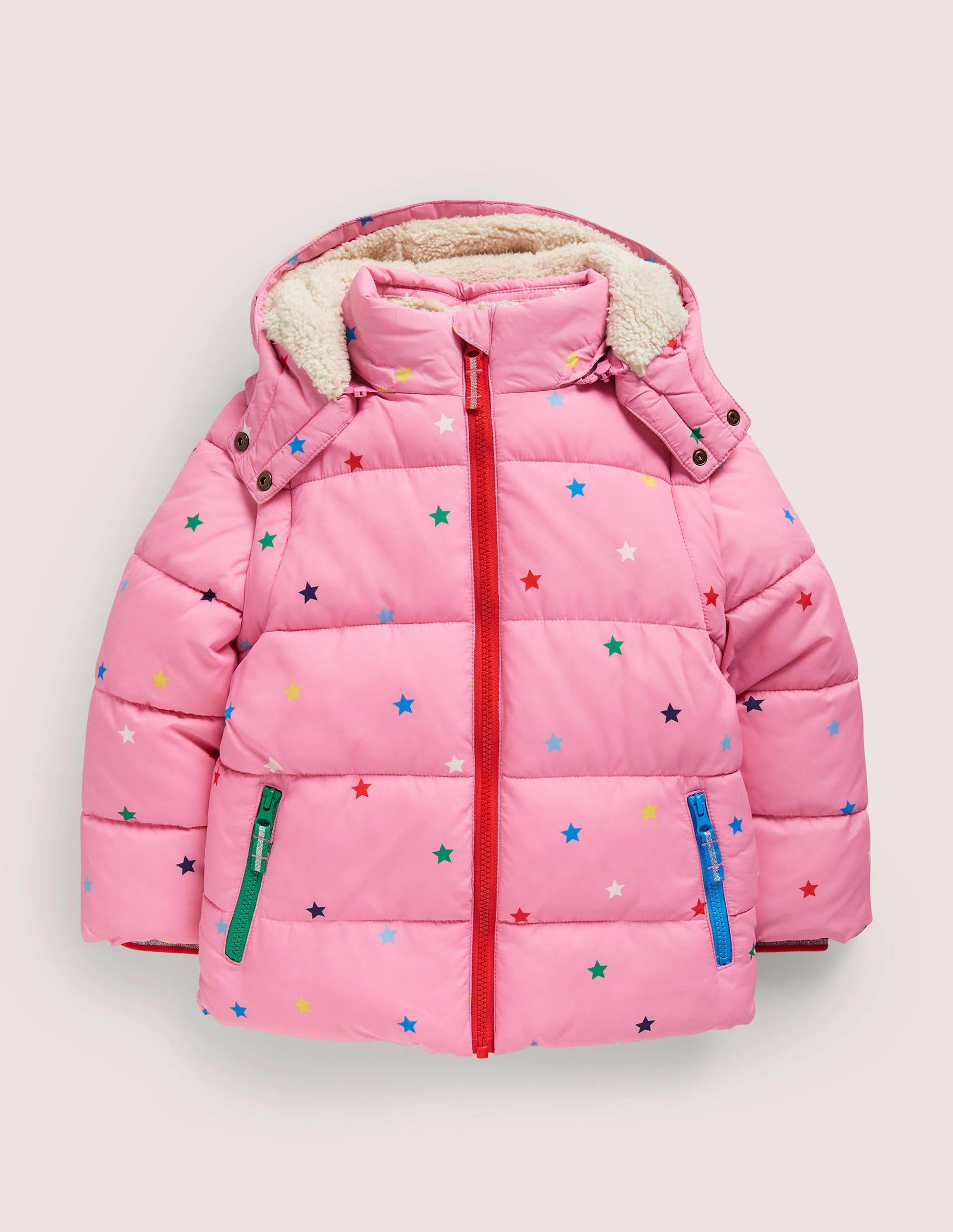 Pink Star Print Hooded Puffer Jacket-Bright Petal Pink Multi Star-1