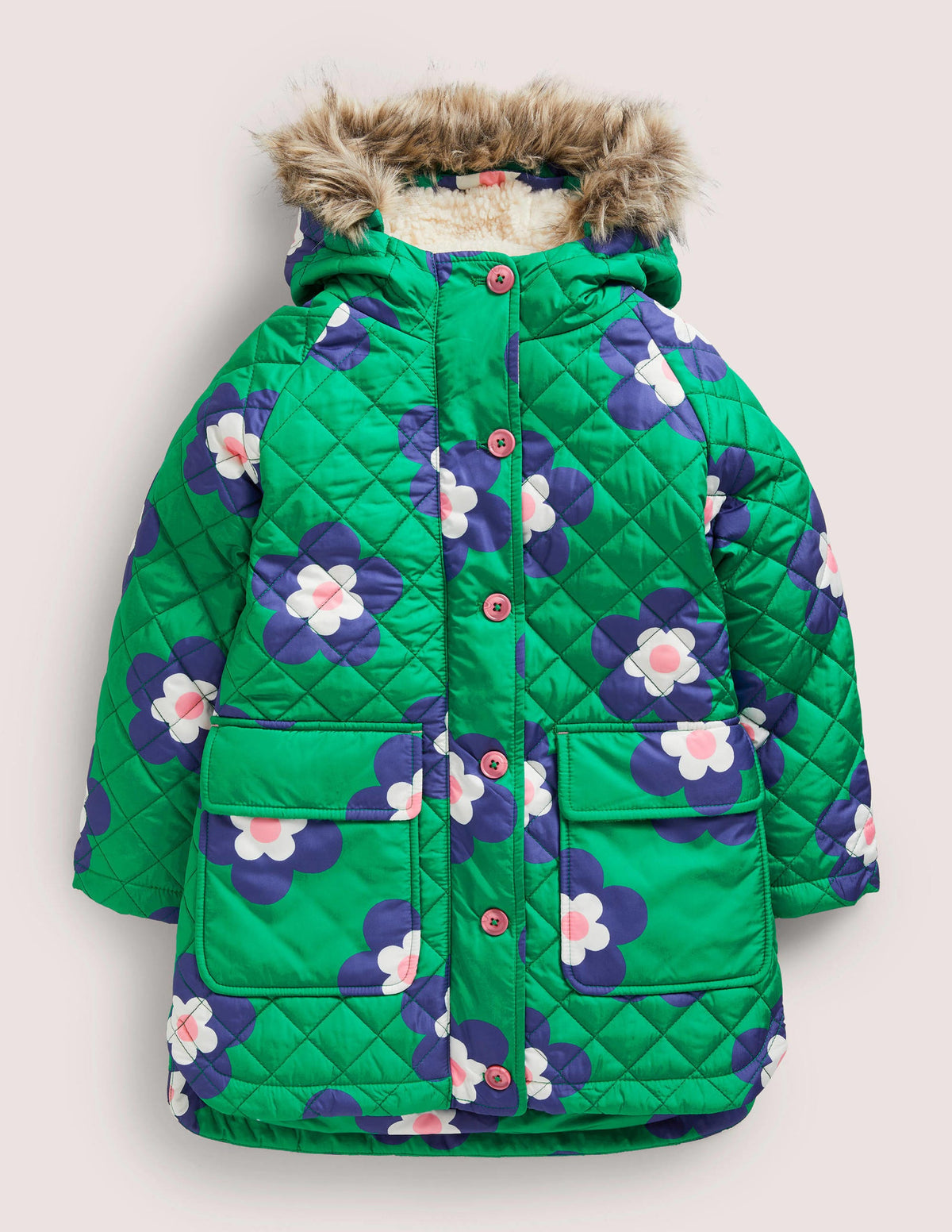Green Floral Longline Quilted Jacket-Green Daisy Geo - Image 1