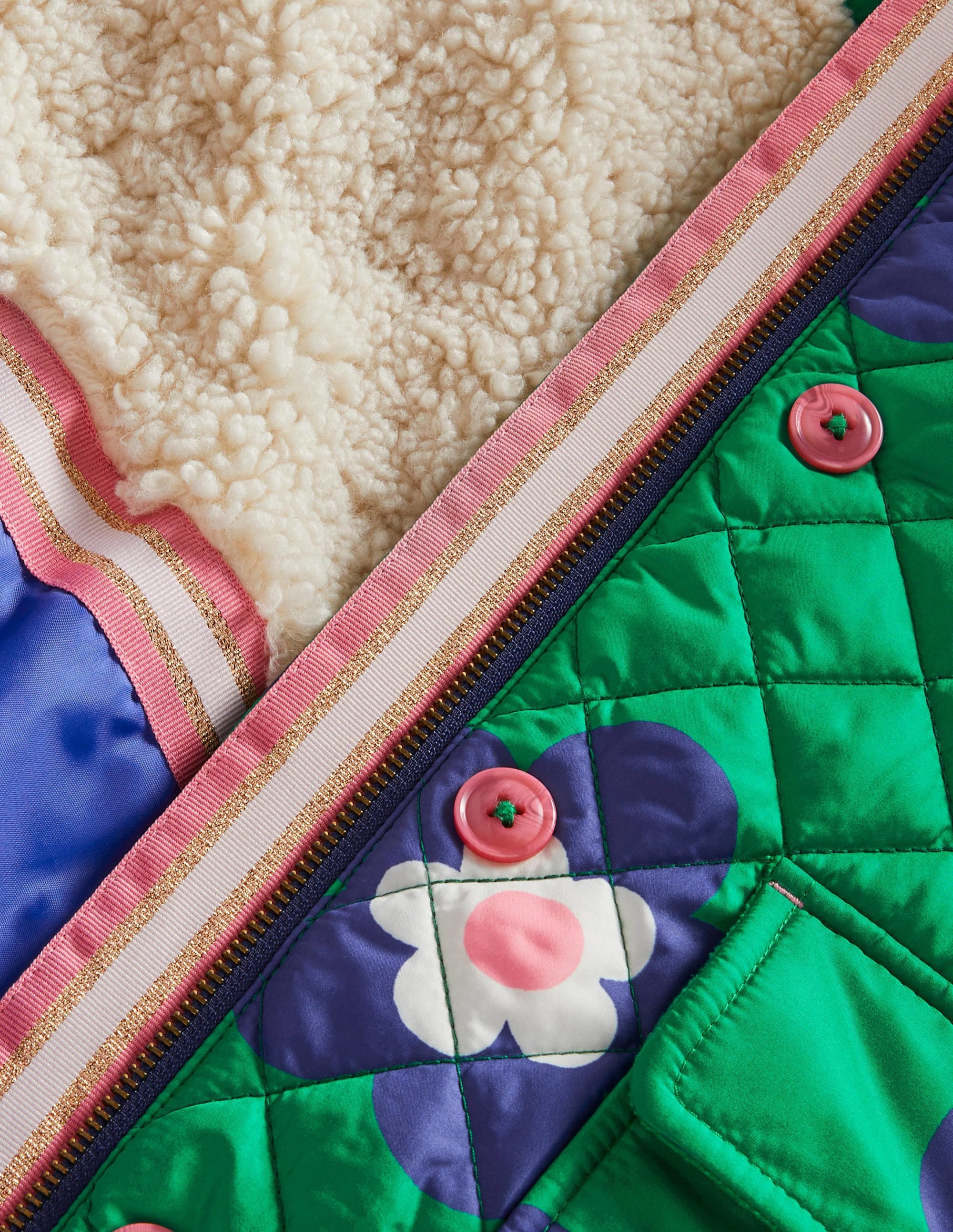 Green Floral Longline Quilted Jacket-Green Daisy Geo - Image 3