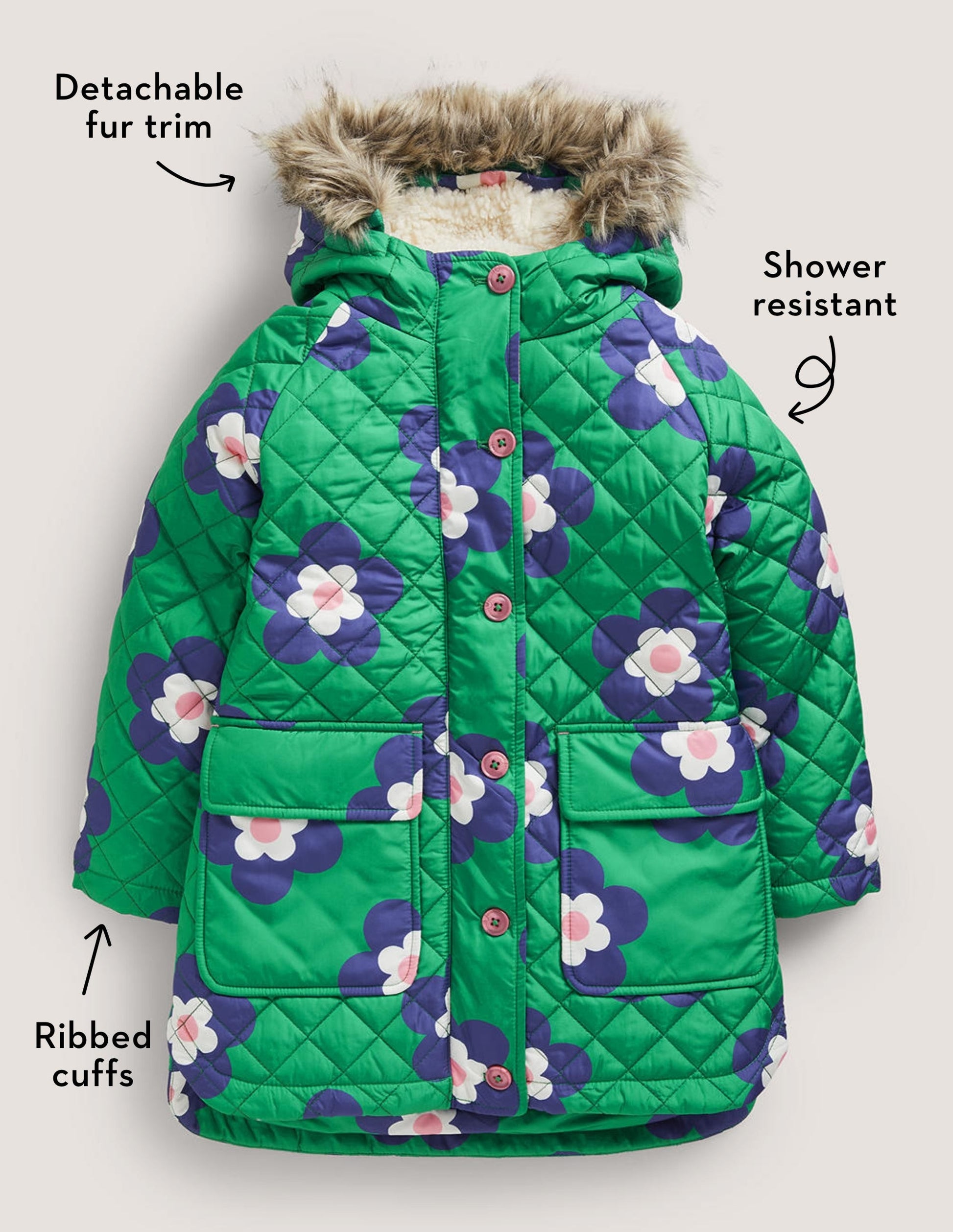 Green Floral Longline Quilted Jacket-Green Daisy Geo-5
