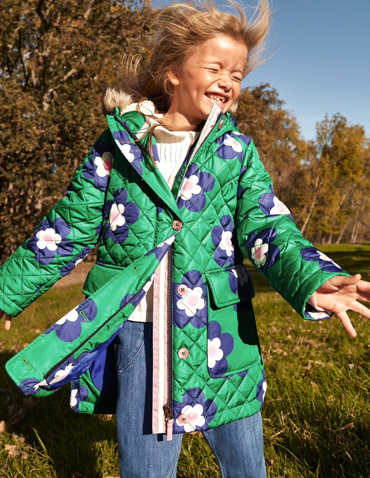 Green Floral Longline Quilted Jacket-Green Daisy Geo-7