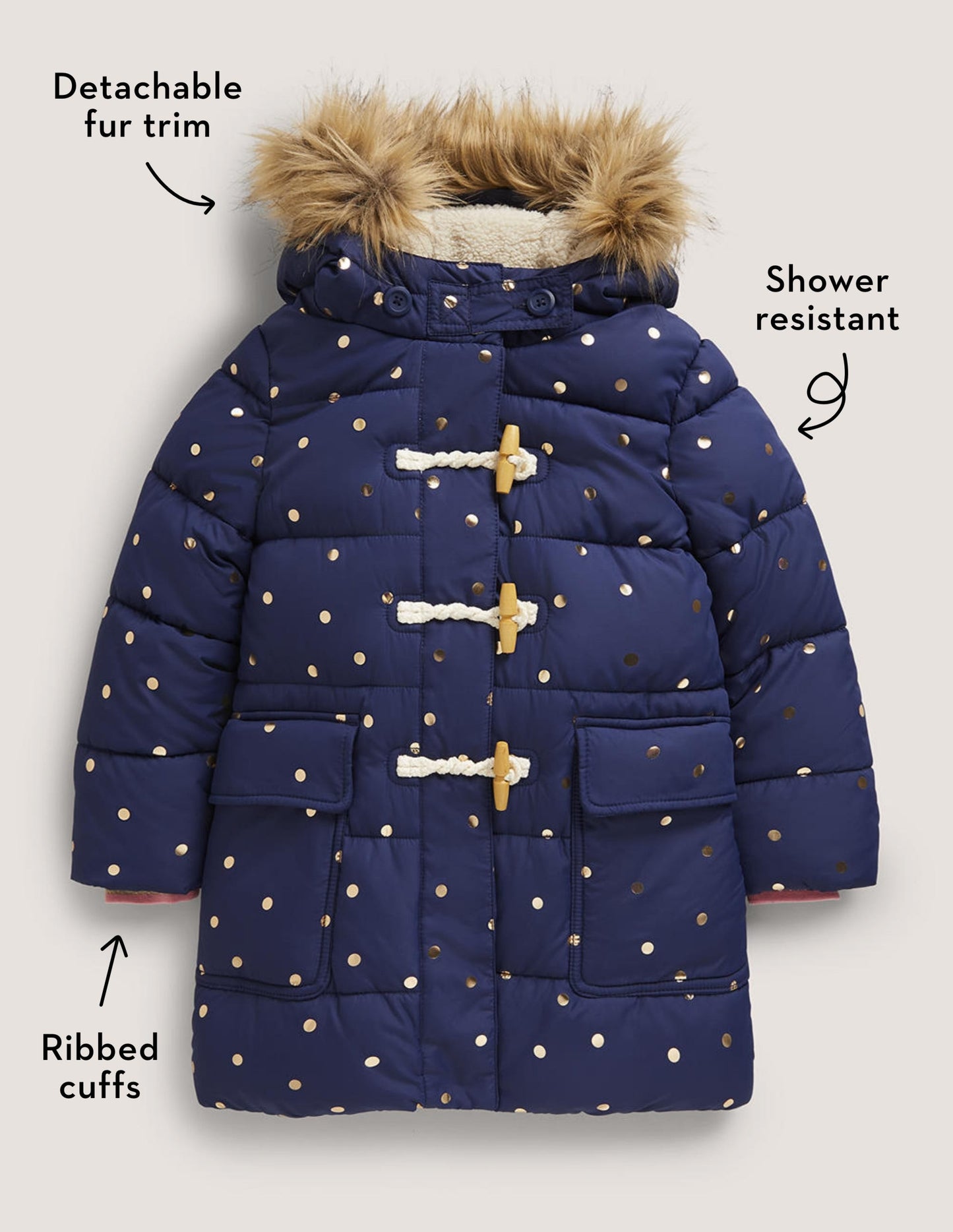 Gold Polka Dot Navy Puffer Jacket-College Navy Foil Spot
