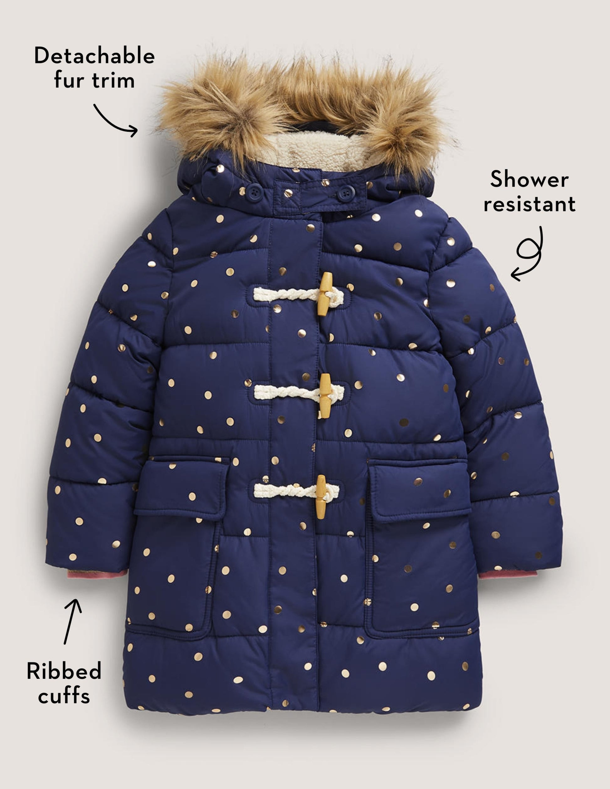 Gold Polka Dot Navy Puffer Jacket-College Navy Foil Spot-5