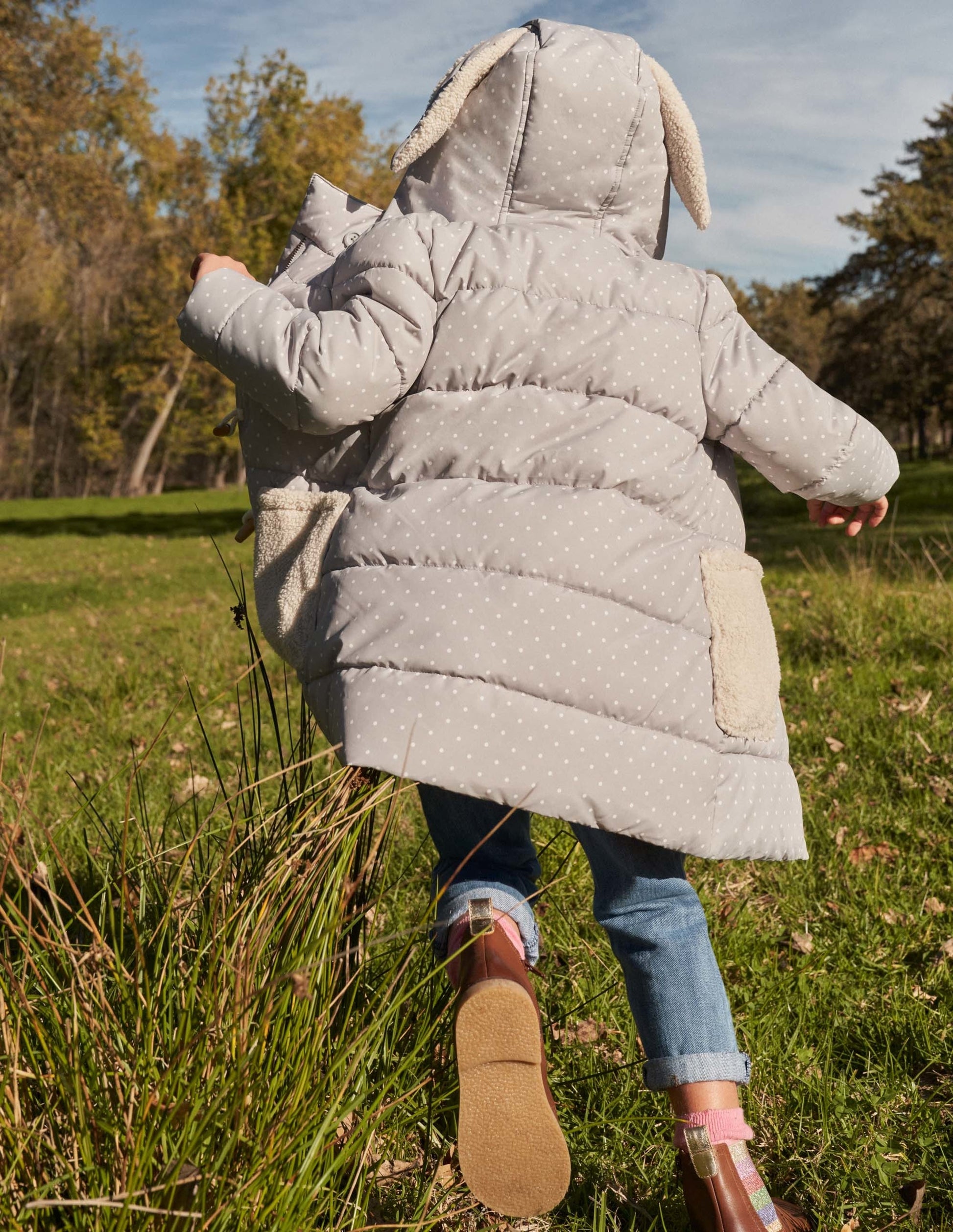 Grey Dotted Bunny Hood Longline Puffer Jacket-Shale Grey Pin Spot Bunny-5