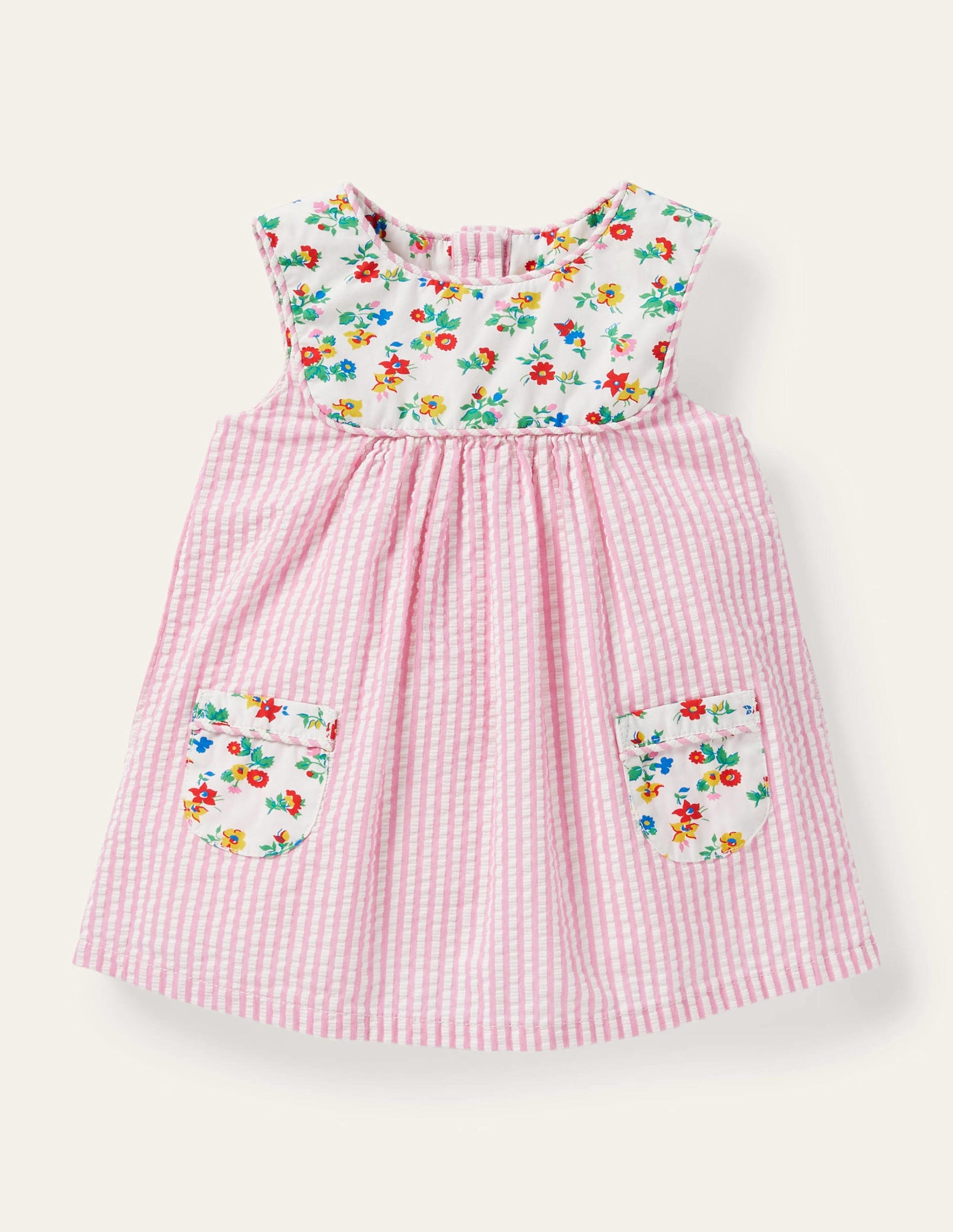 Ticking Woven Pinnie-Ivory/Petal Pink Ticking-1