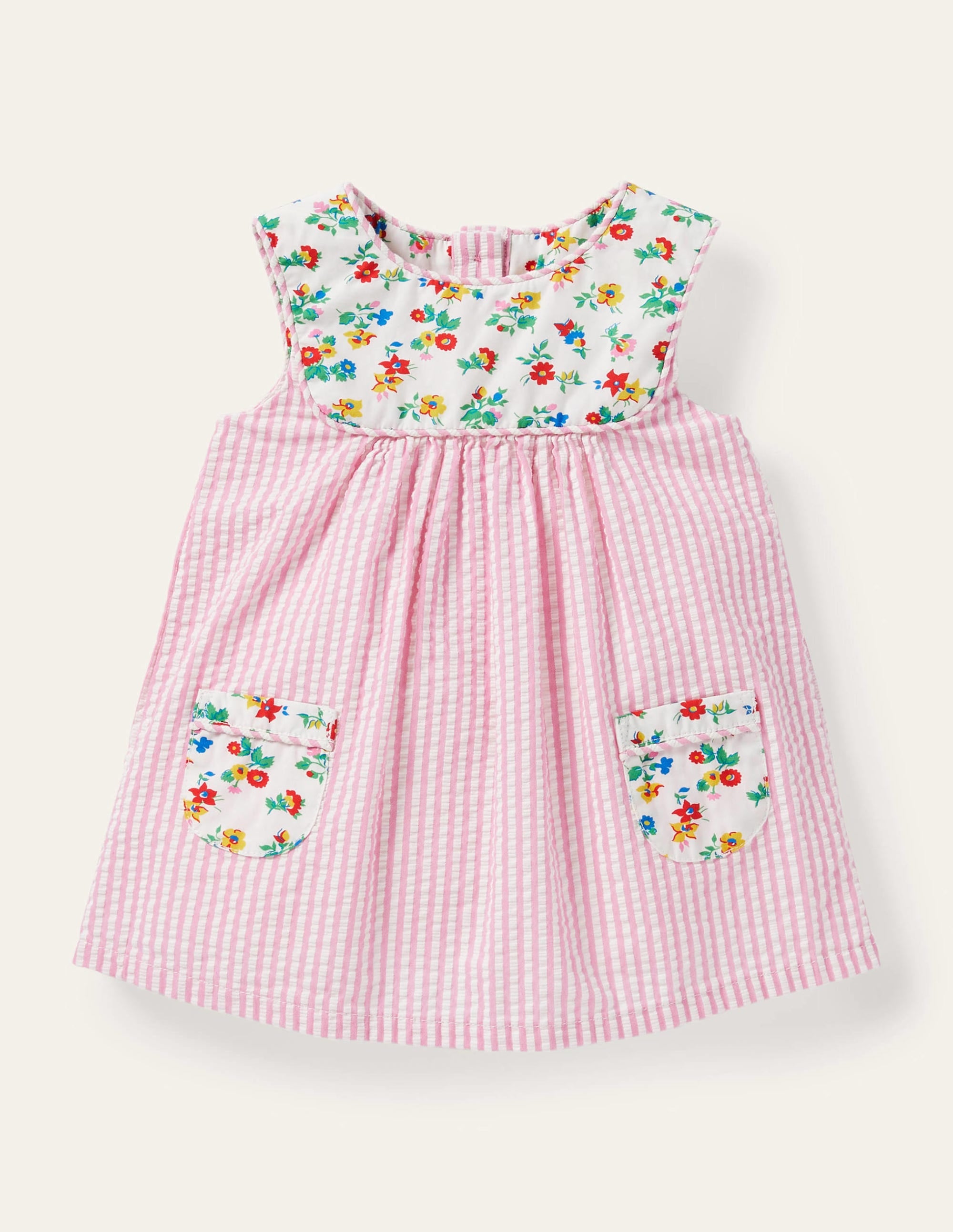 Ticking Woven Pinnie-Ivory/Petal Pink Ticking - Image 1