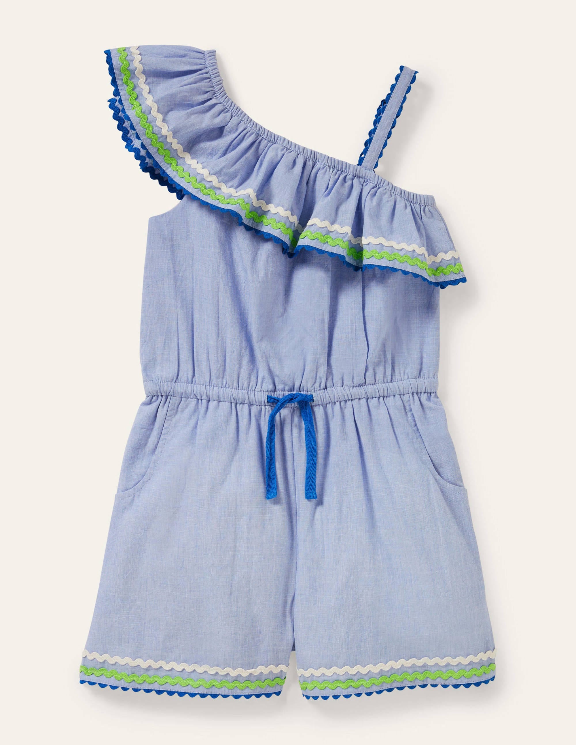 One Shoulder Ric Rac Playsuit-Chambray - Image 1