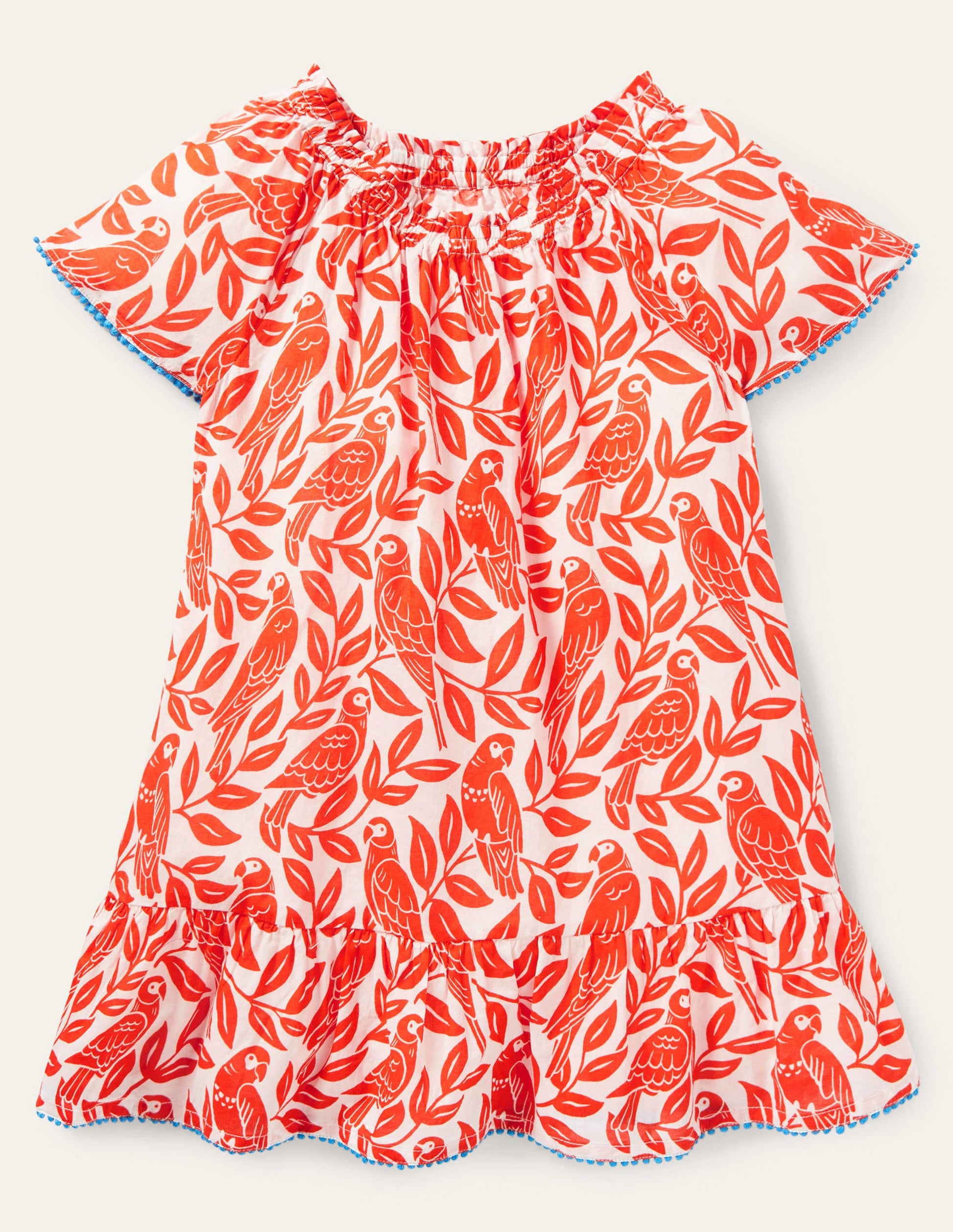Smocked Printed Kaftan-Watermelon Red Parrot-1