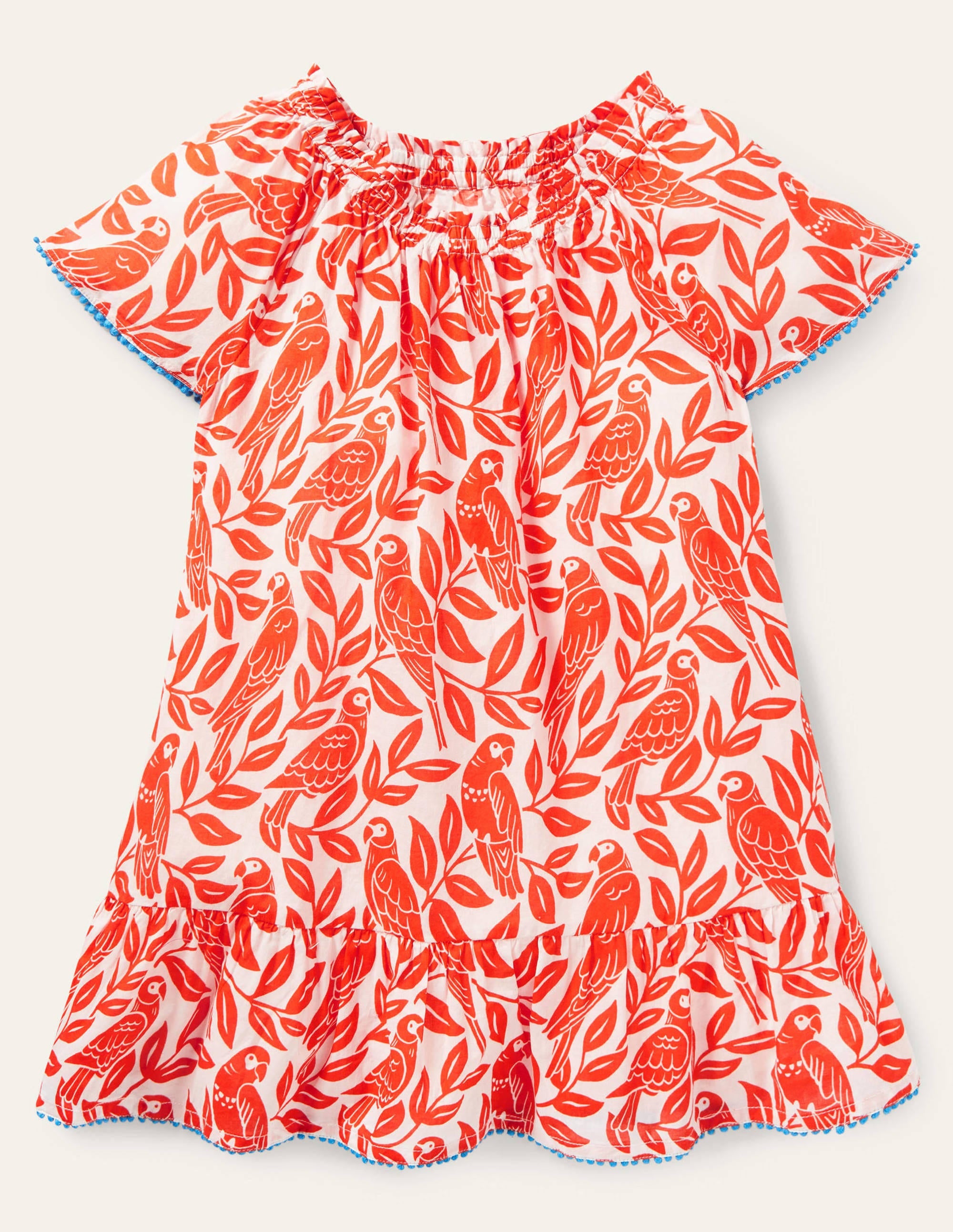 Smocked Printed Kaftan-Watermelon Red Parrot - Image 1