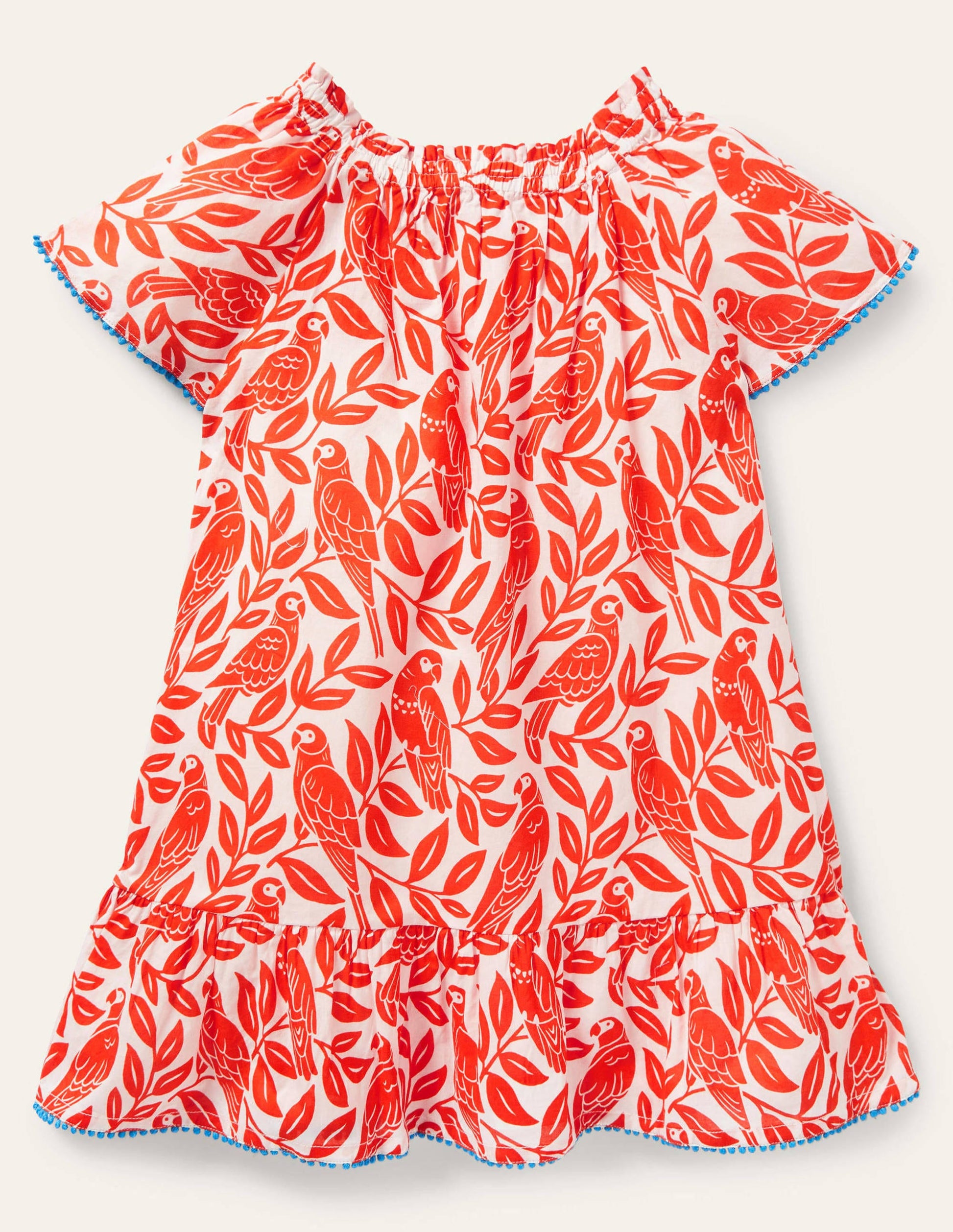 Smocked Printed Kaftan-Watermelon Red Parrot-2