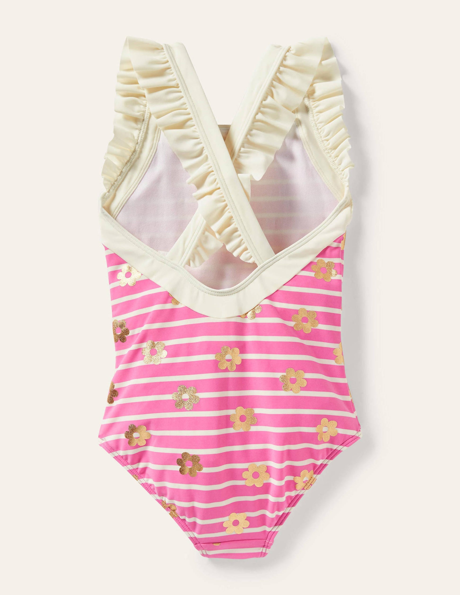 Frilly Cross-back Swimsuit-Strawberry Pink Foil Daisy-2