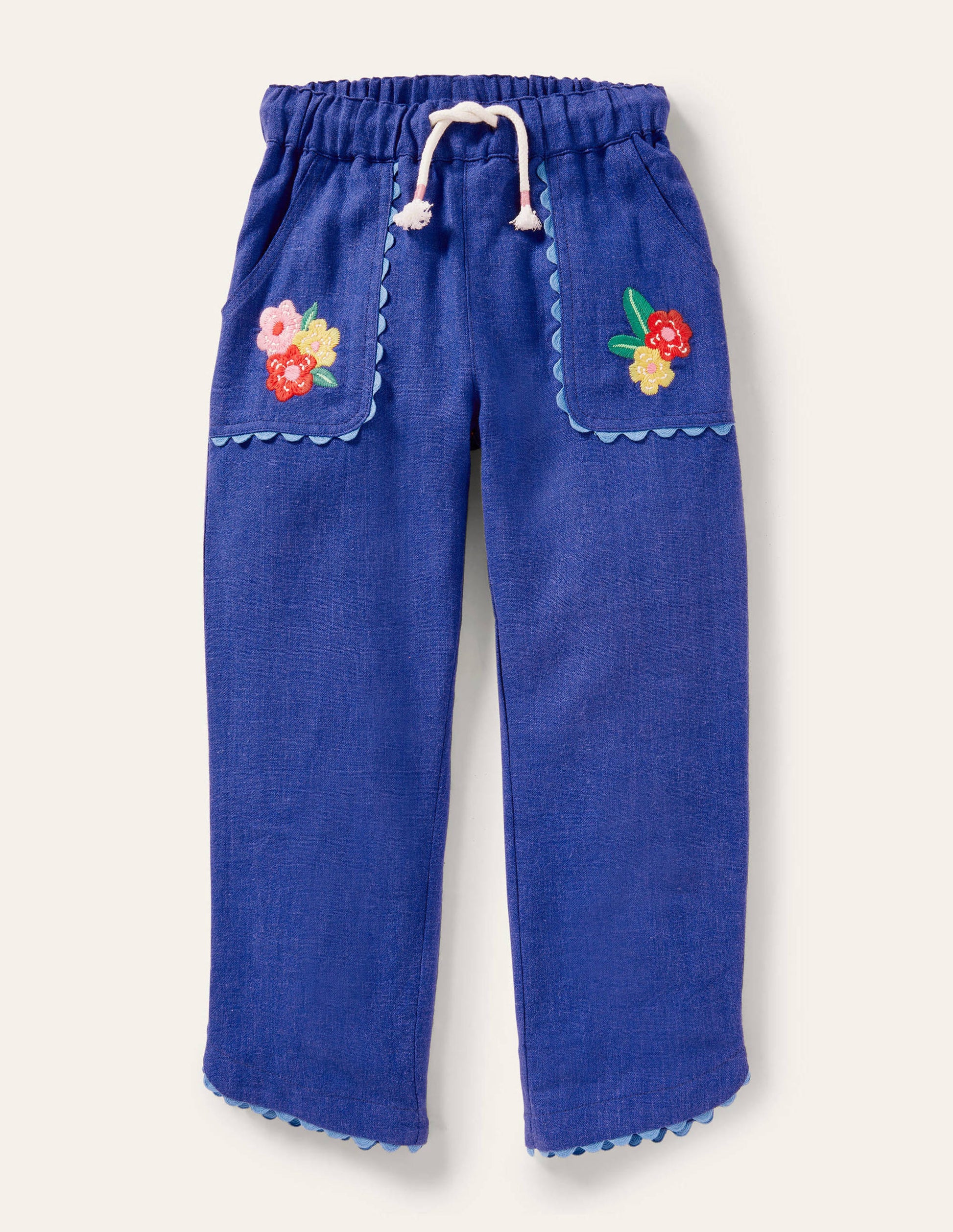 Embroidered Holiday Trousers-Blue Wave Flowers-1