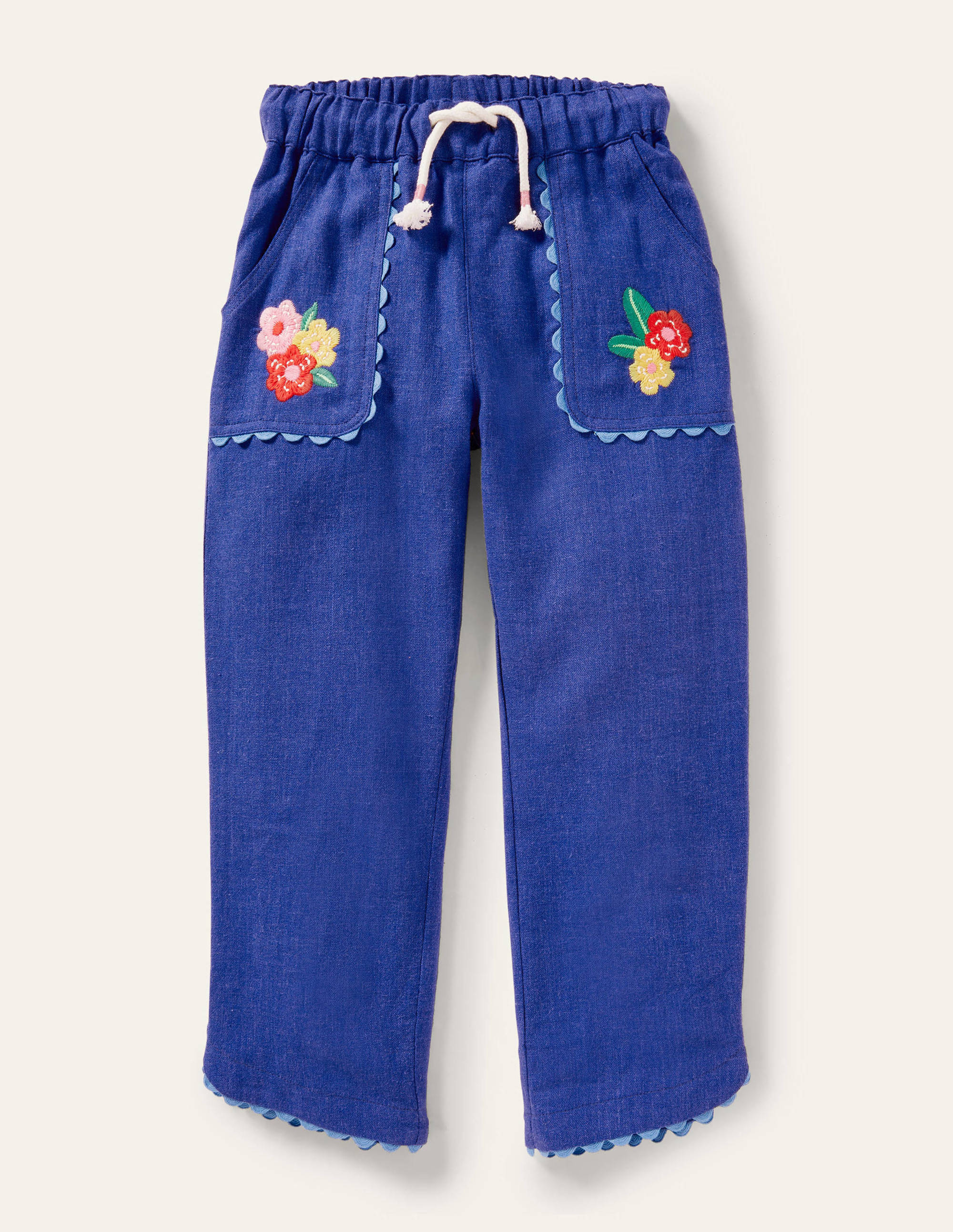 Embroidered Holiday Trousers-Blue Wave Flowers - Image 1