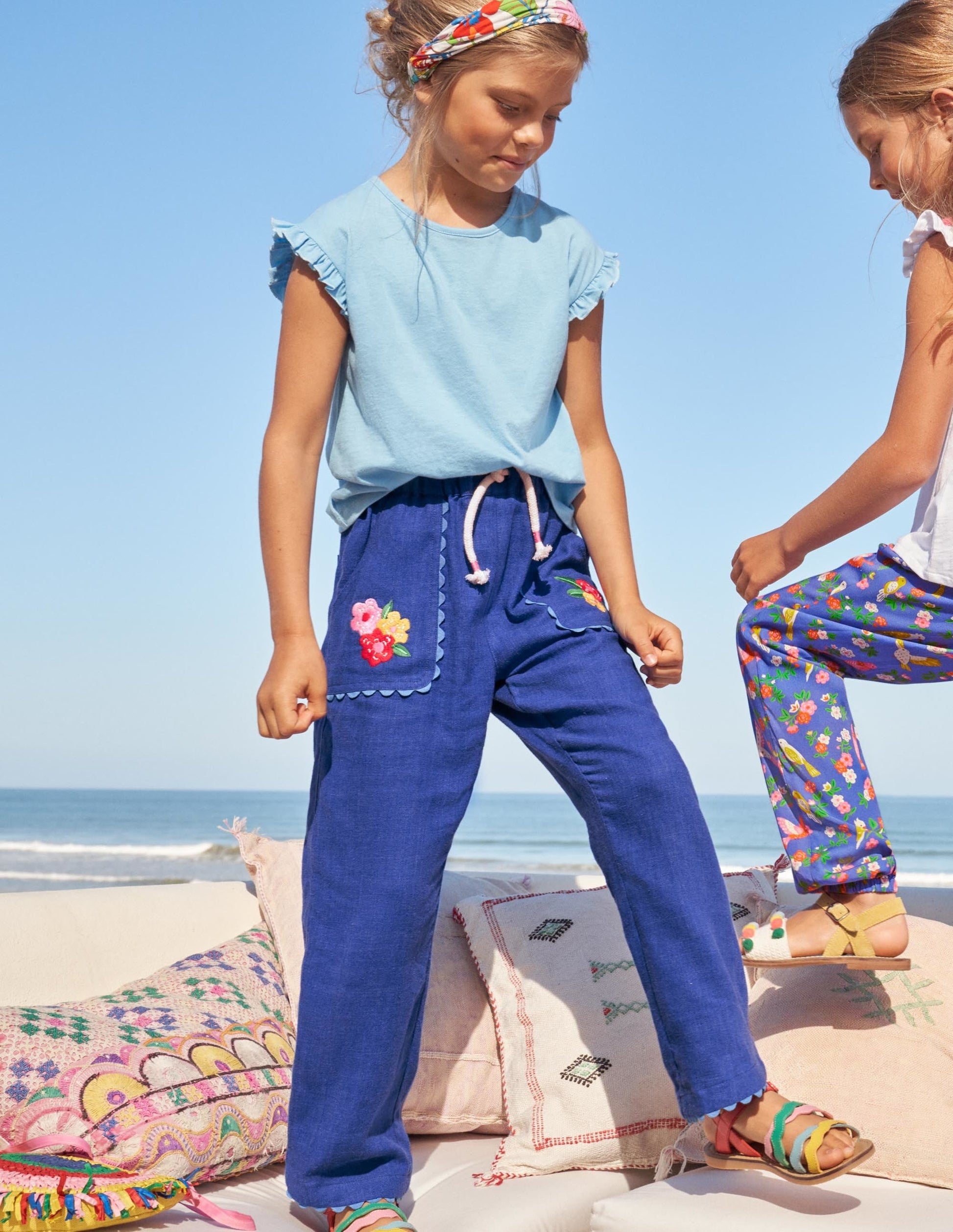 Embroidered Holiday Trousers-Blue Wave Flowers-4