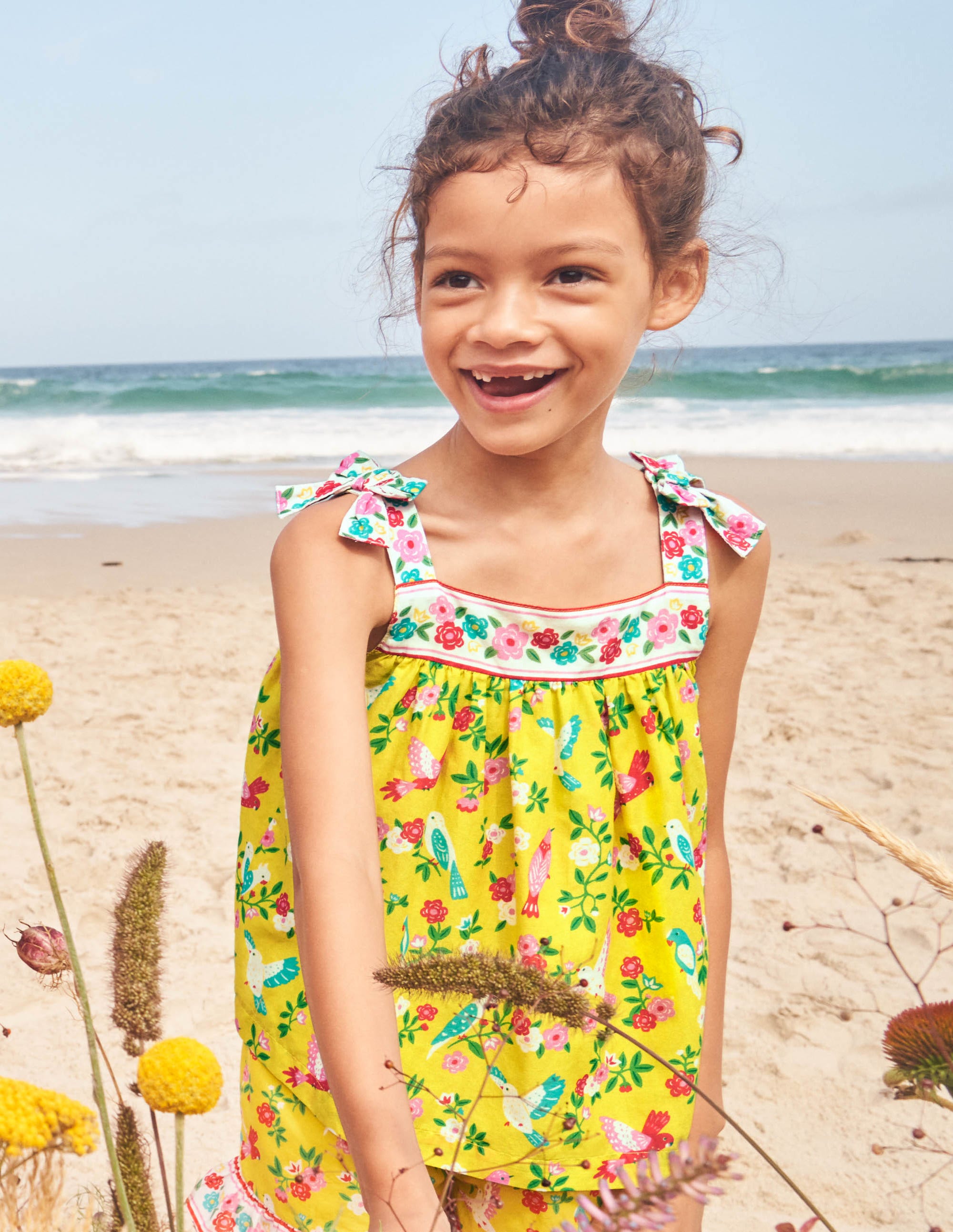 Tie Shoulder Printed Top-Sweetcorn Tropical Garden - Image 4