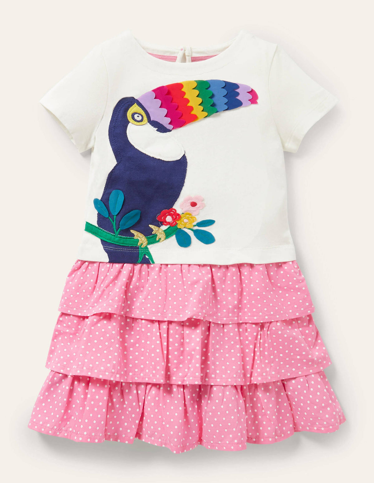 Tiered Skirt Appliqué Dress-Ivory Toucan-1