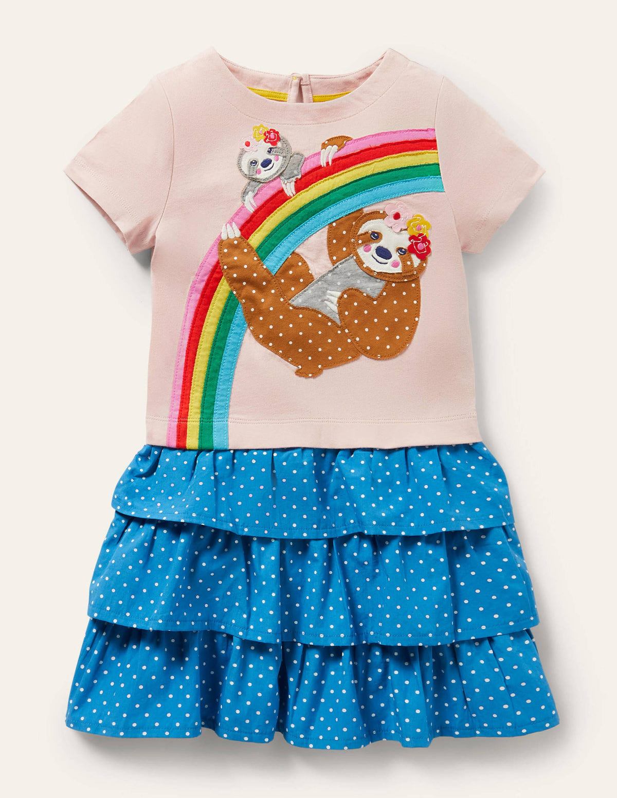 Tiered Skirt Appliqué Dress-Pink Rainbow Sloth - Image 1