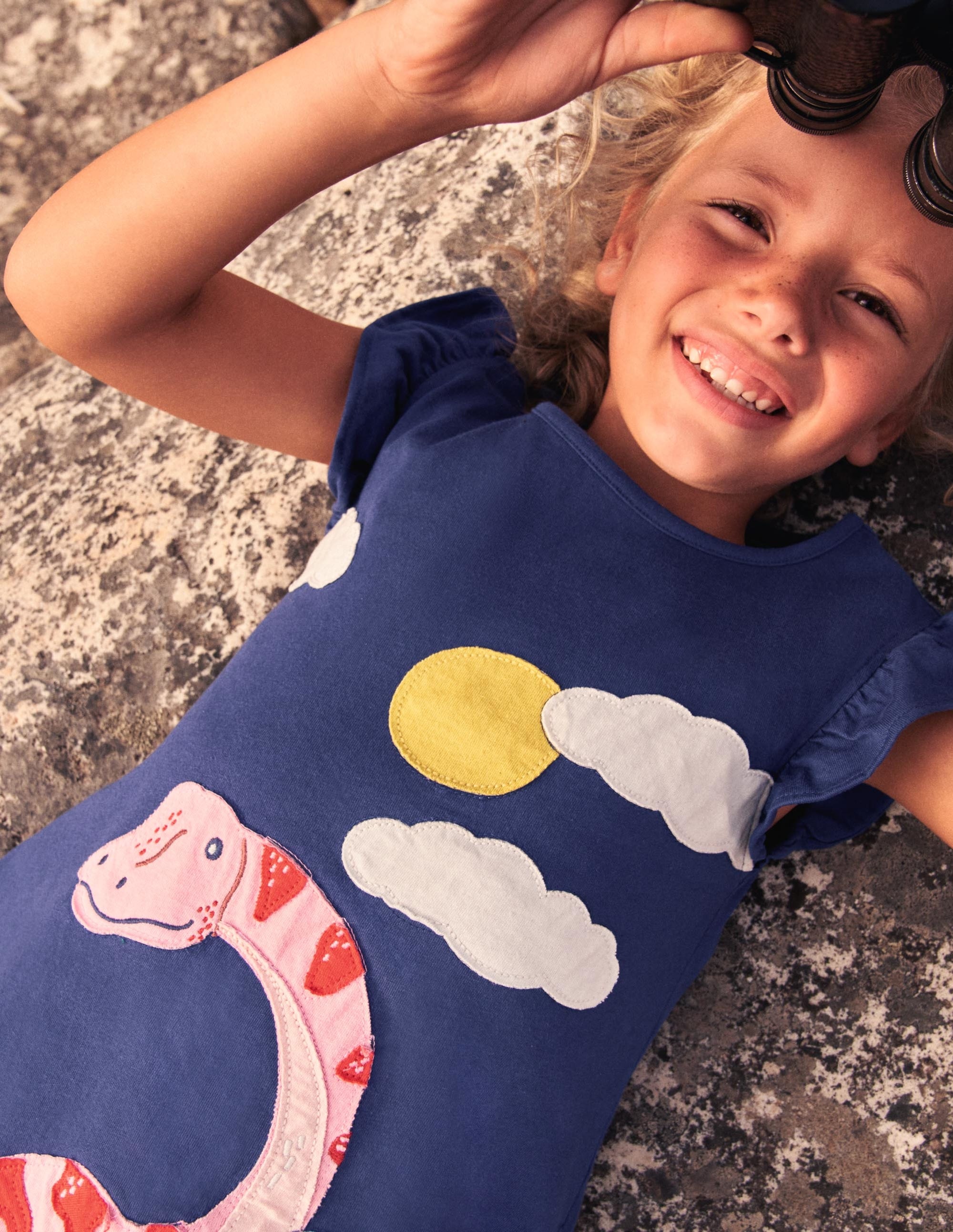 Frill Sleeve Appliqué Dress-Starboard Navy Dinosaurs - Image 4