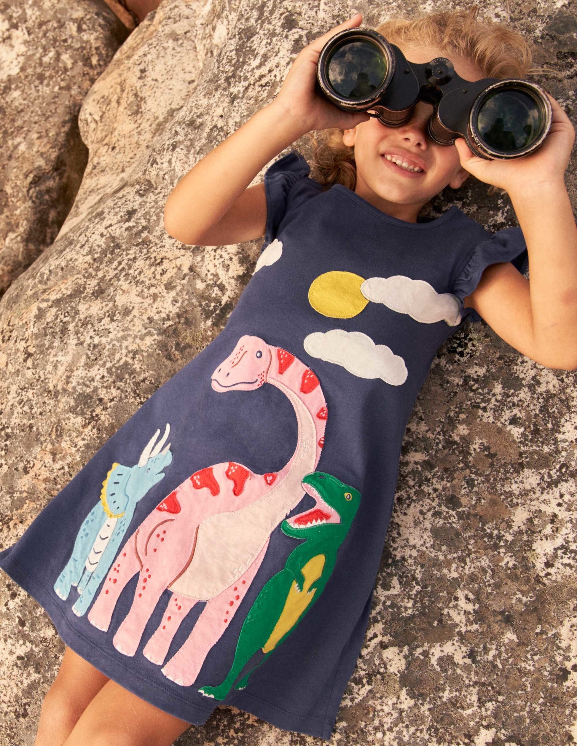 Frill Sleeve Appliqué Dress-Starboard Navy Dinosaurs-5