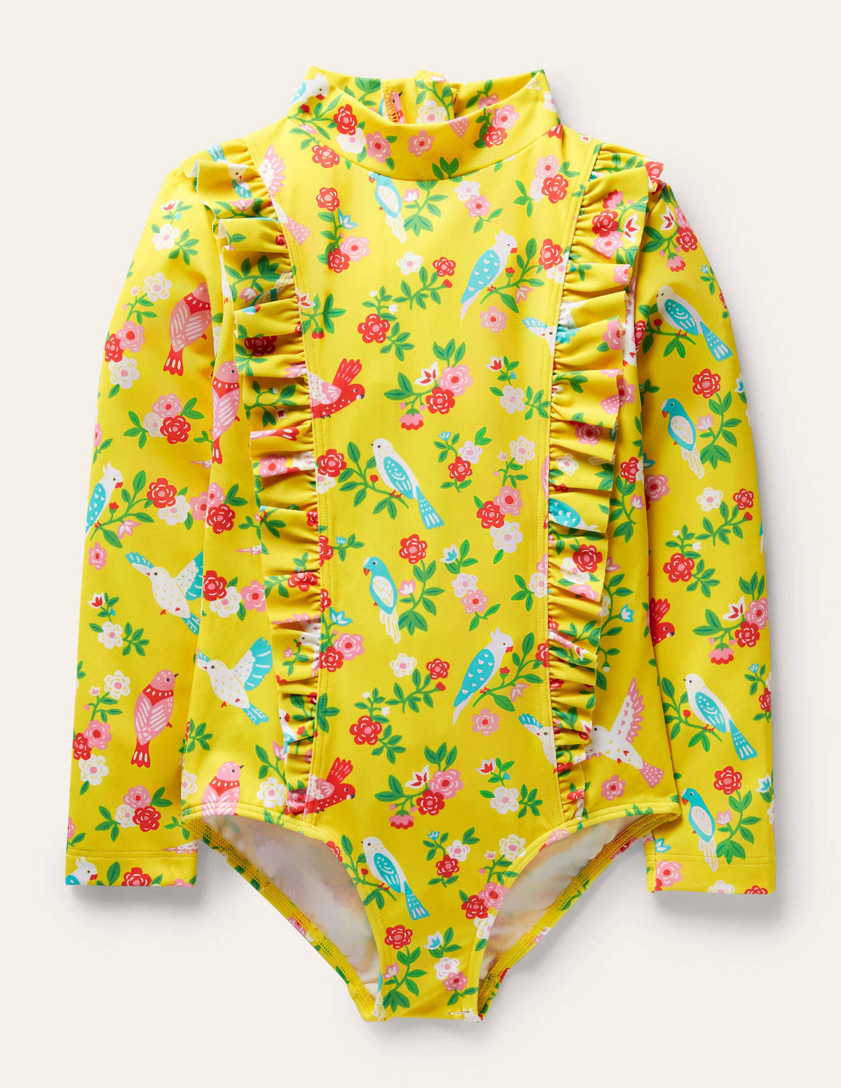 Long-sleeve Frilly Swimsuit-Sweetcorn Tropical Garden - Image 1