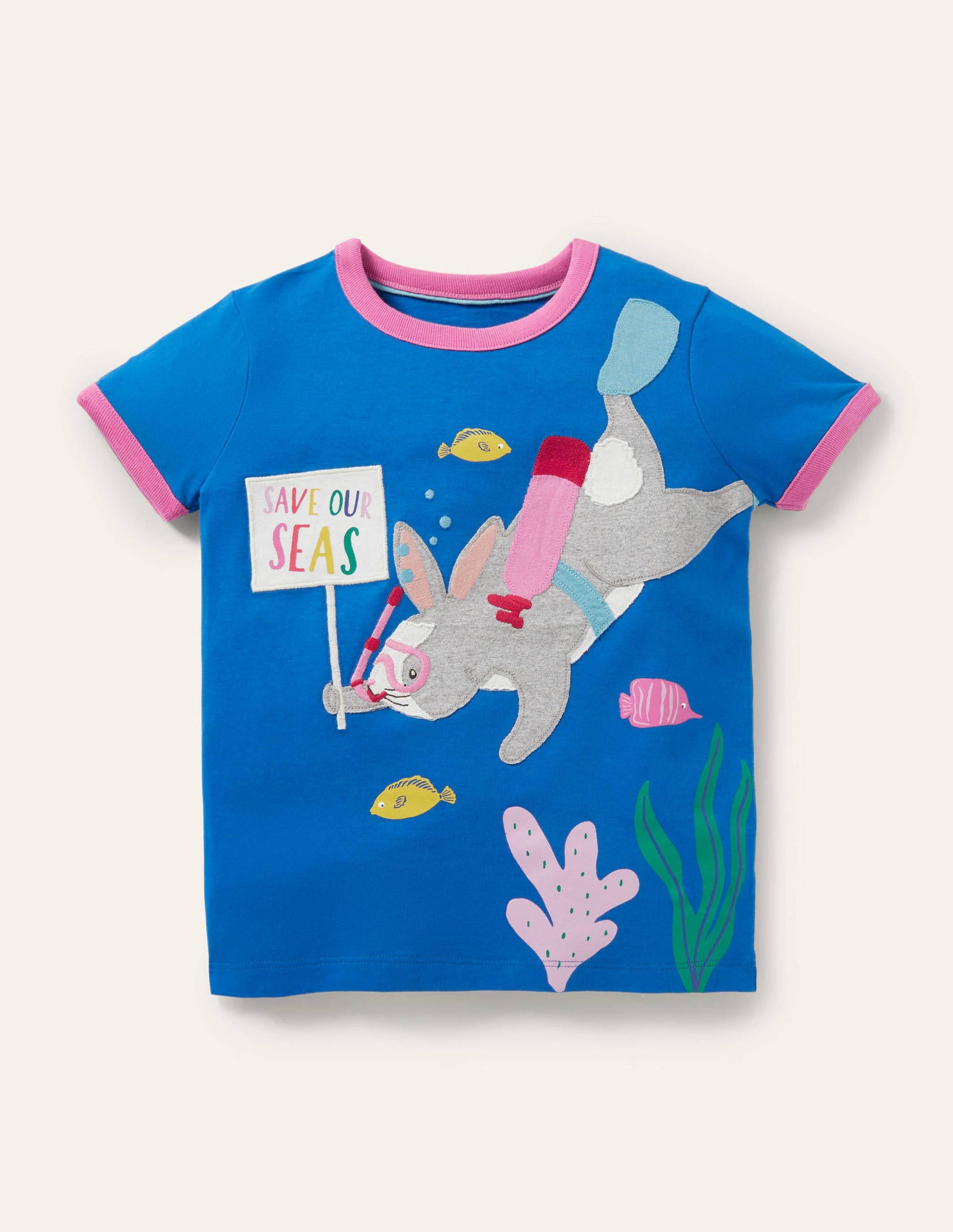 Appliqué Ringer T-shirt-Bright Marina Blue Rabbit-1