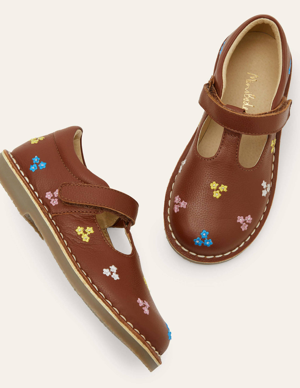 Leather T-bar Flats-Tan Embroidered-1