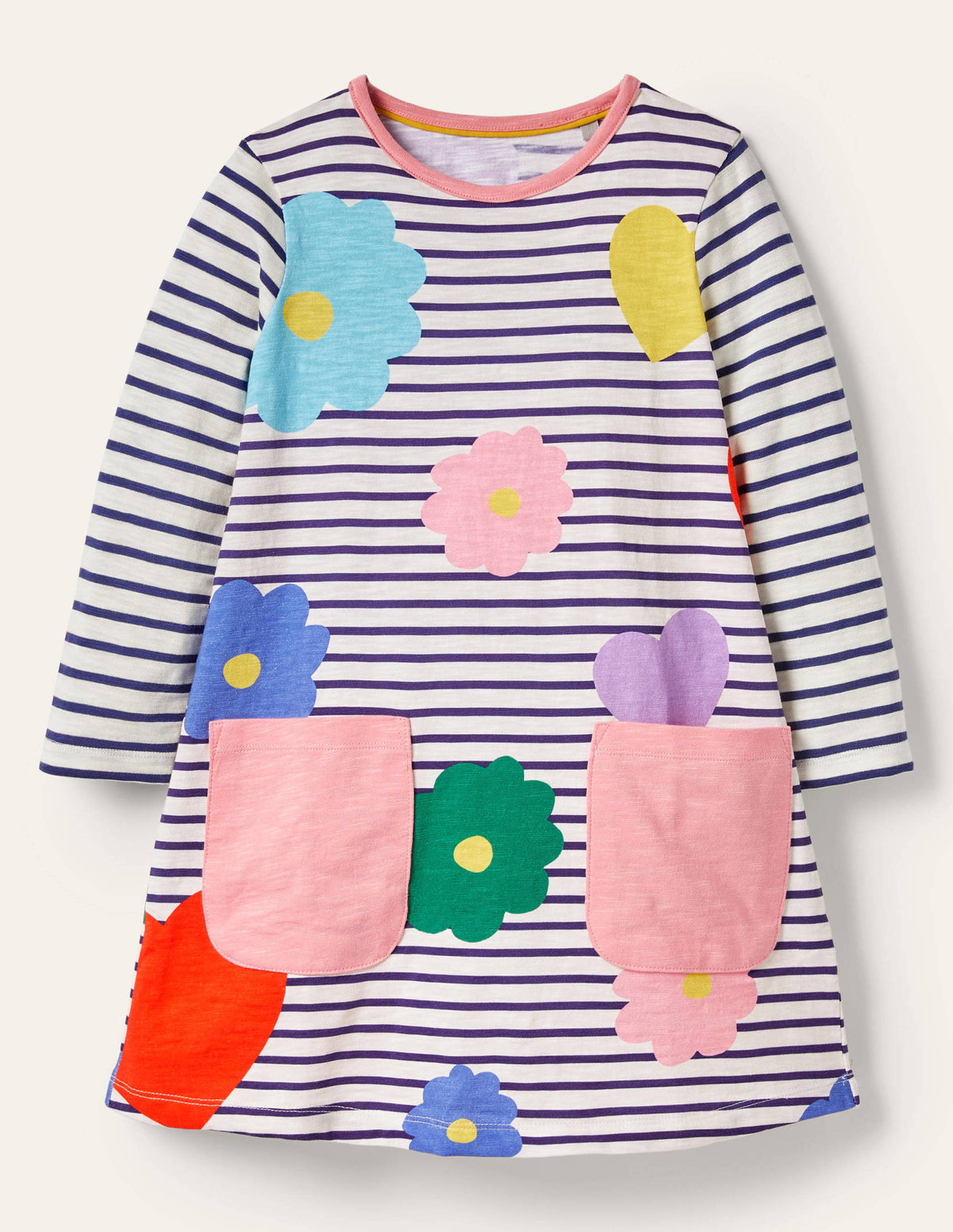 Fun Pocket Jersey Dress-Ivory/Blue Rainbow Flowers - Image 1