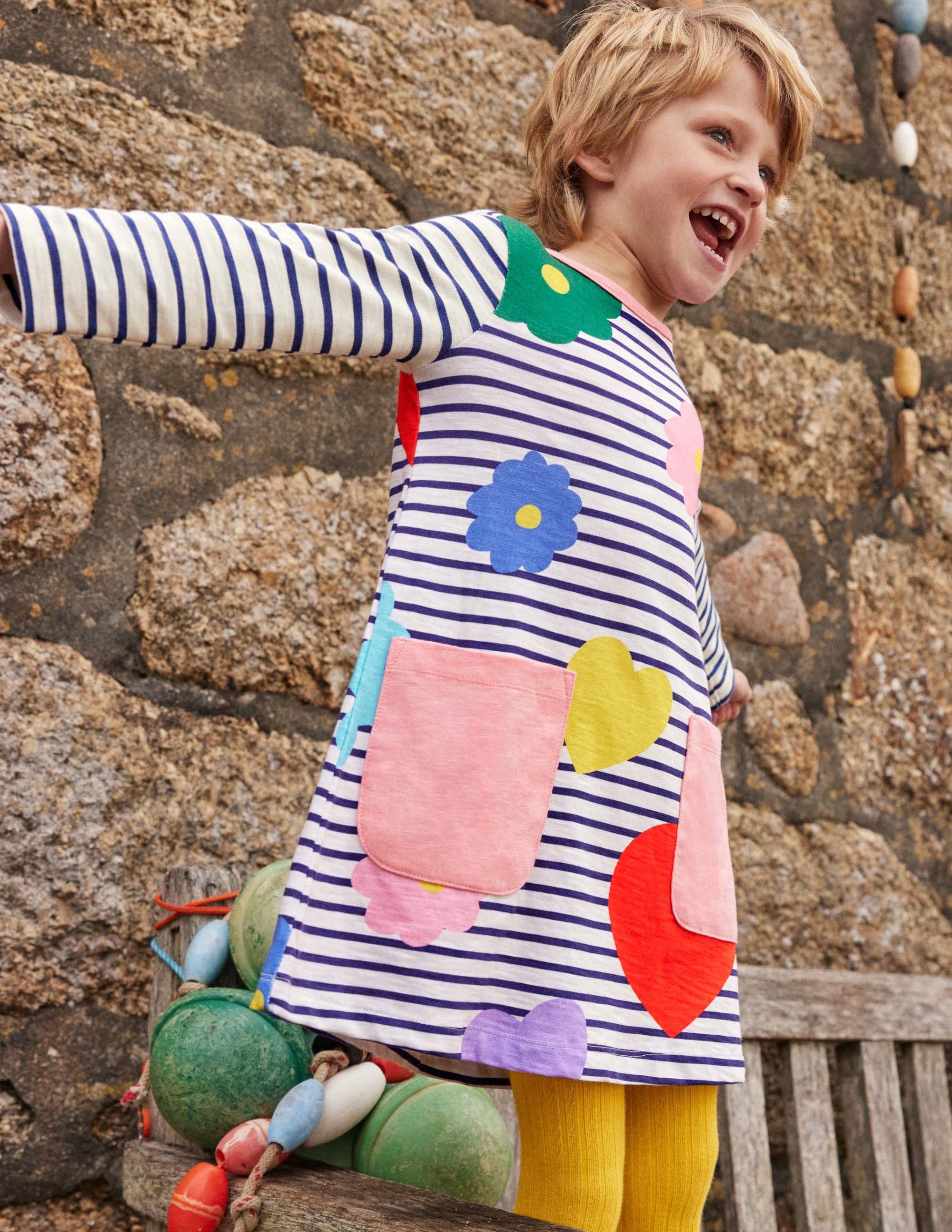 Fun Pocket Jersey Dress-Ivory/Blue Rainbow Flowers - Image 4
