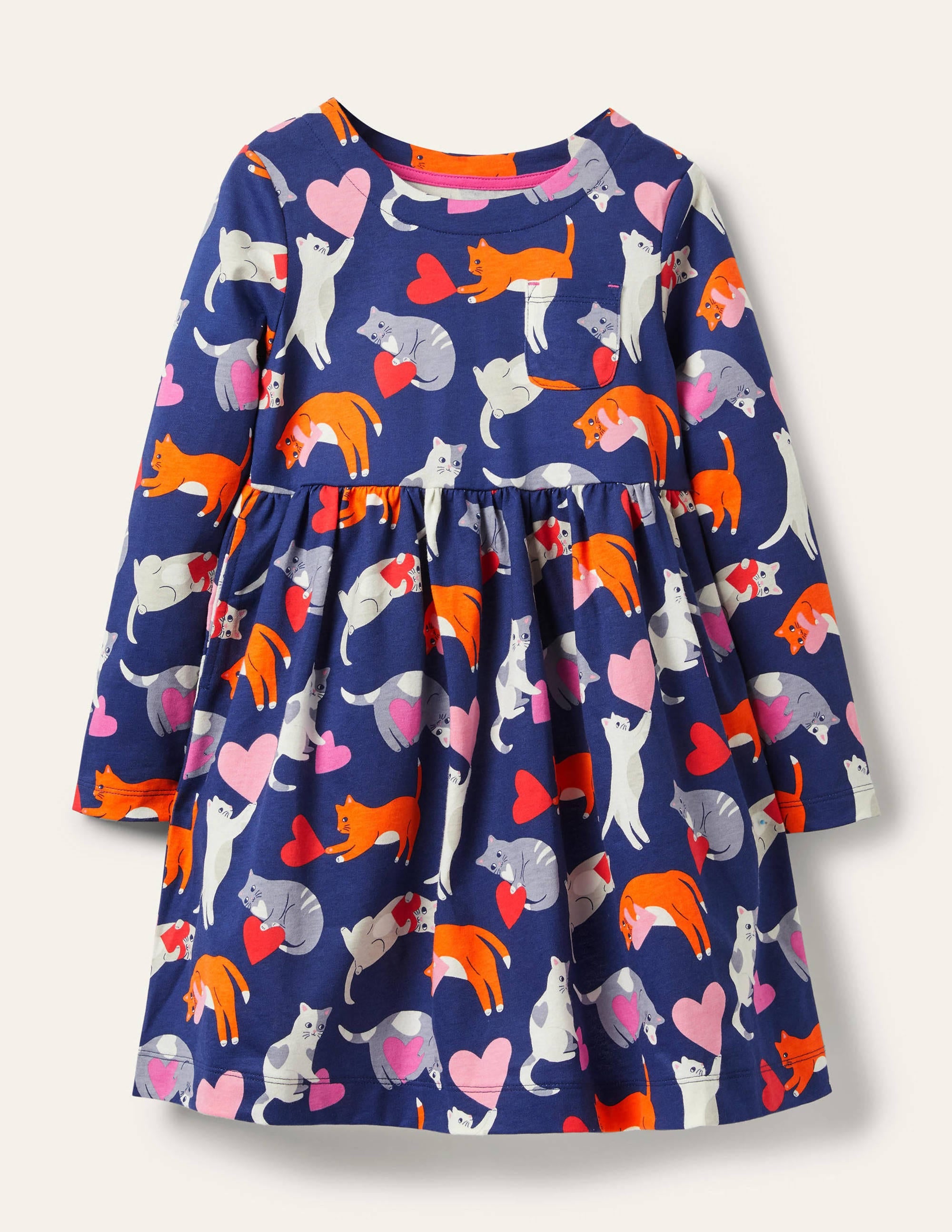 Long Sleeve Fun Jersey Dress-Starboard Blue Love Cats - Image 1