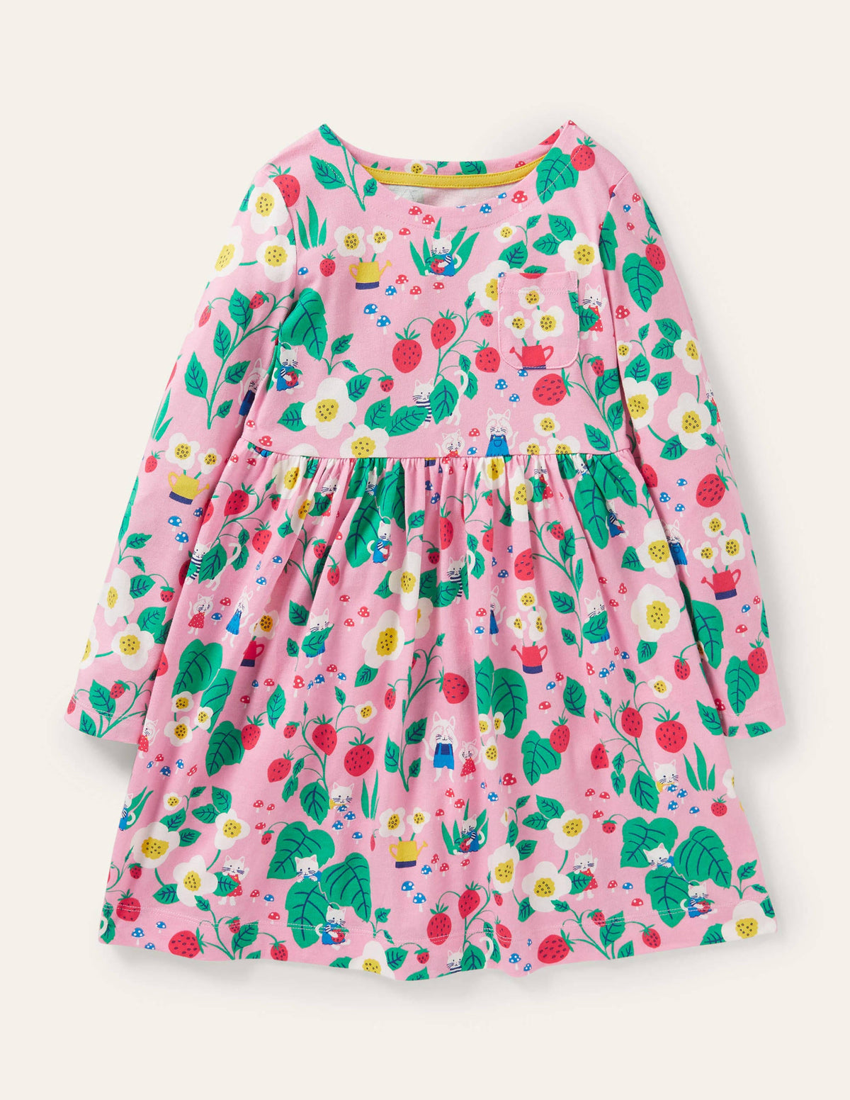 Pink Strawberry Print Long Sleeve Dress-Pink Lemonade Strawberry Patch - Image 1