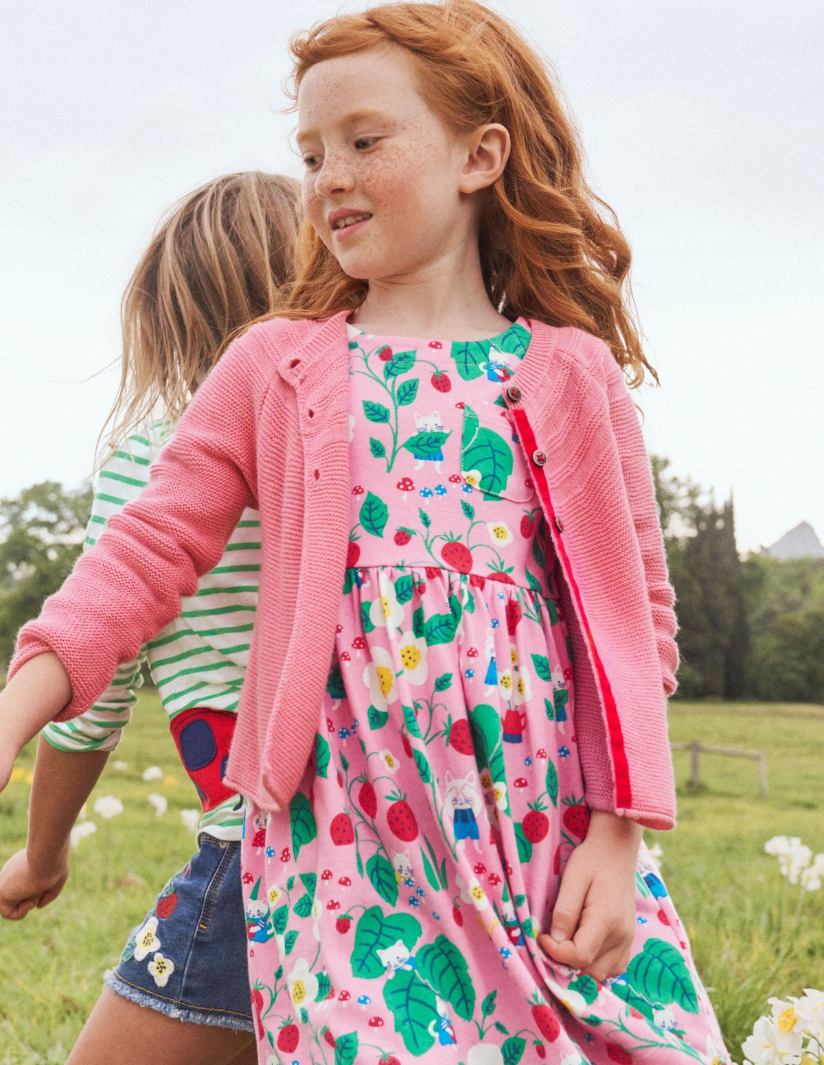 Pink Strawberry Print Long Sleeve Dress-Pink Lemonade Strawberry Patch - Image 4