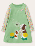 Long Sleeve Appliqué Dress-Aloe Green Guinea Pigs