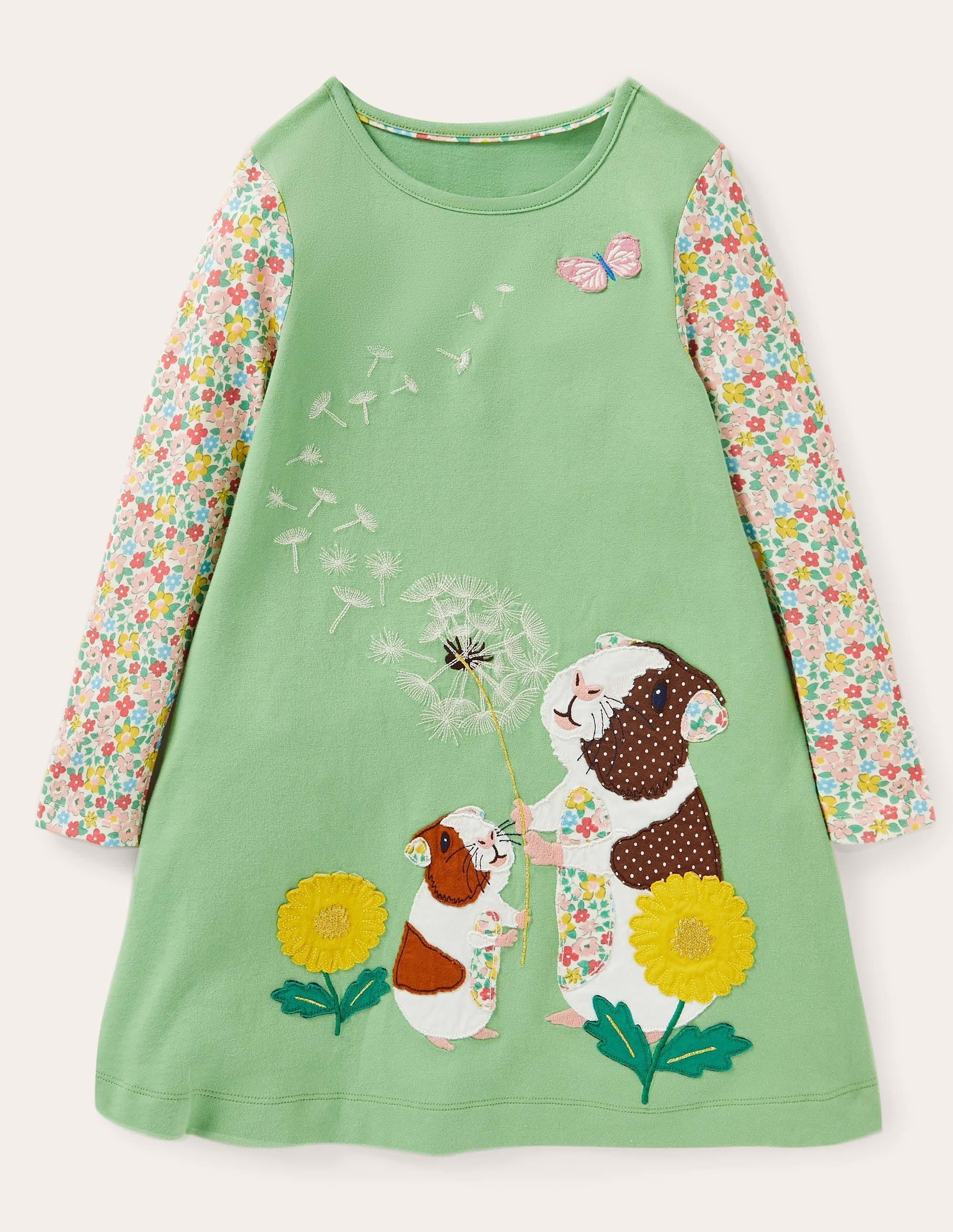 Long Sleeve Appliqué Dress-Aloe Green Guinea Pigs - Image 1