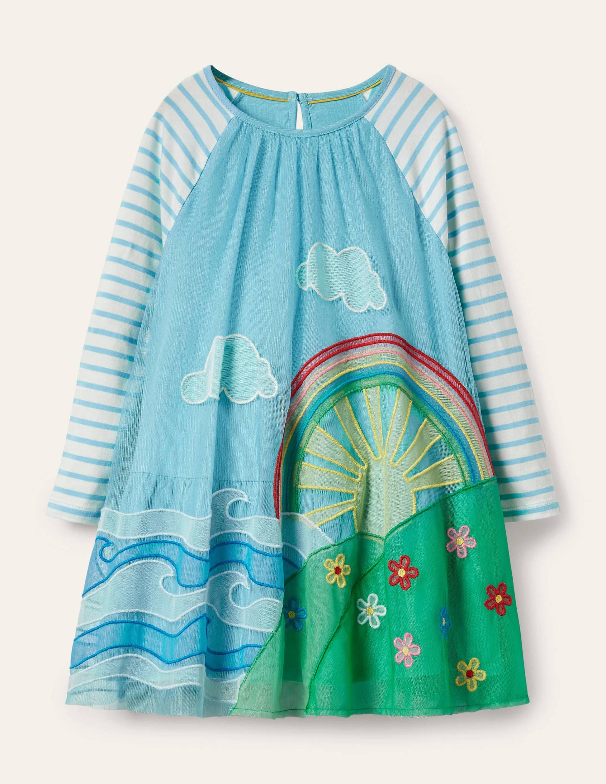 Jersey Tulle Scene Dress-Aqua Blue Weather Scene-1