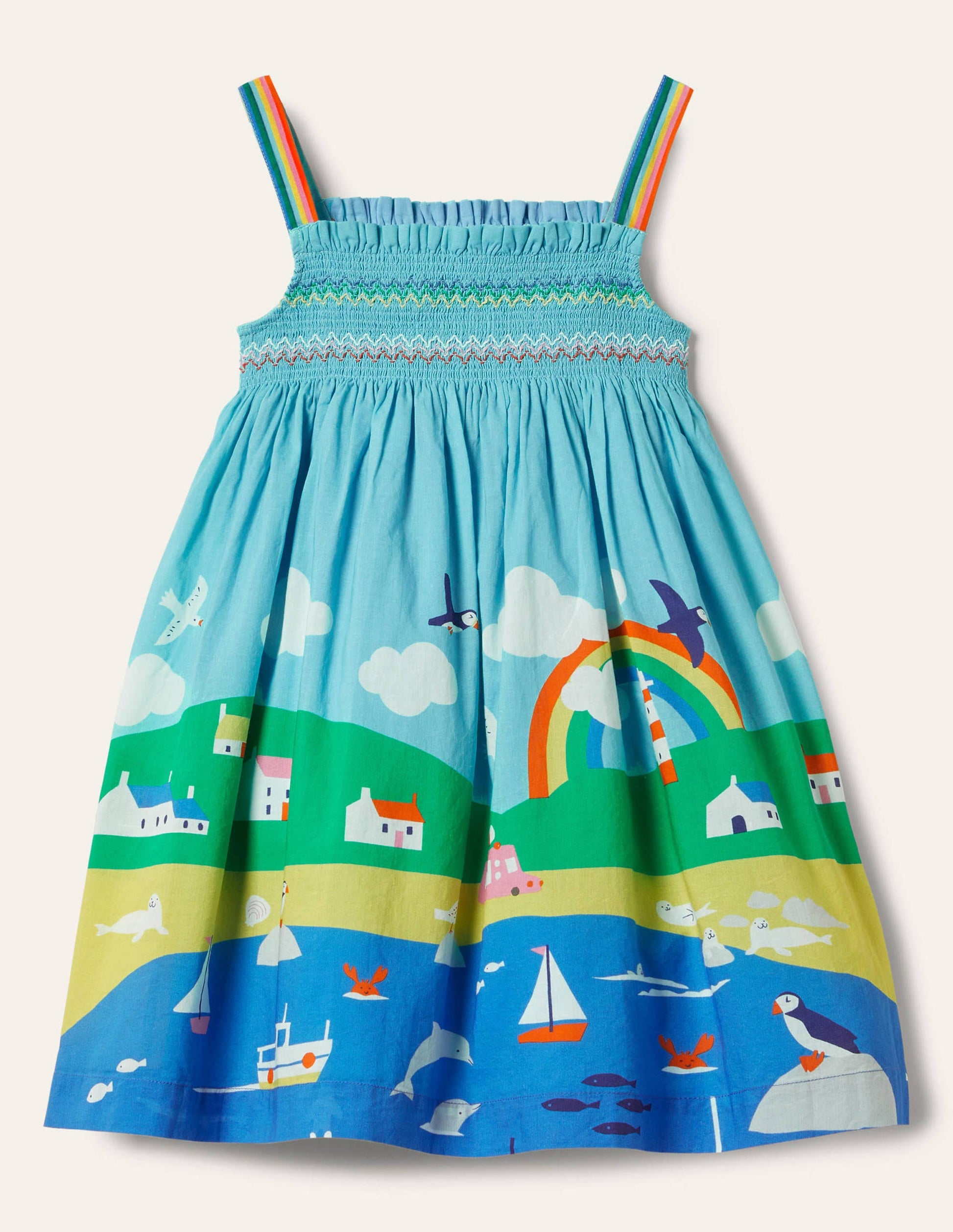 Smocked Sun Dress-Multi Coastal Scene-1