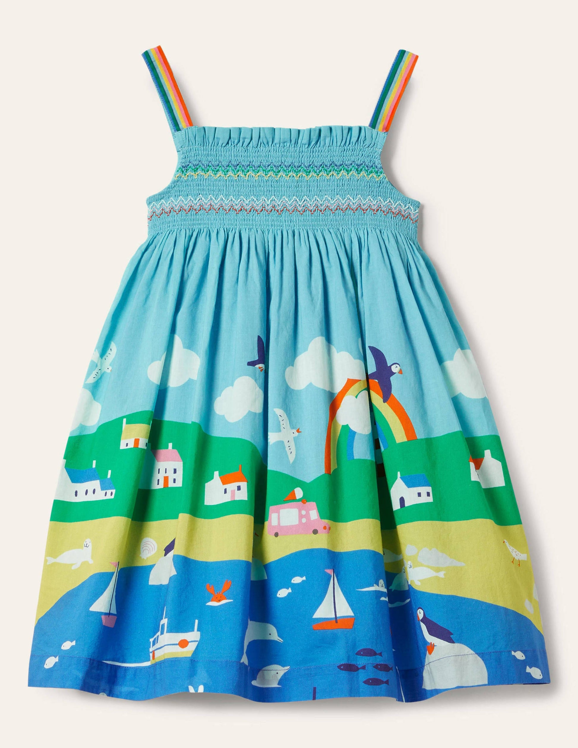 Smocked Sun Dress-Multi Coastal Scene-2