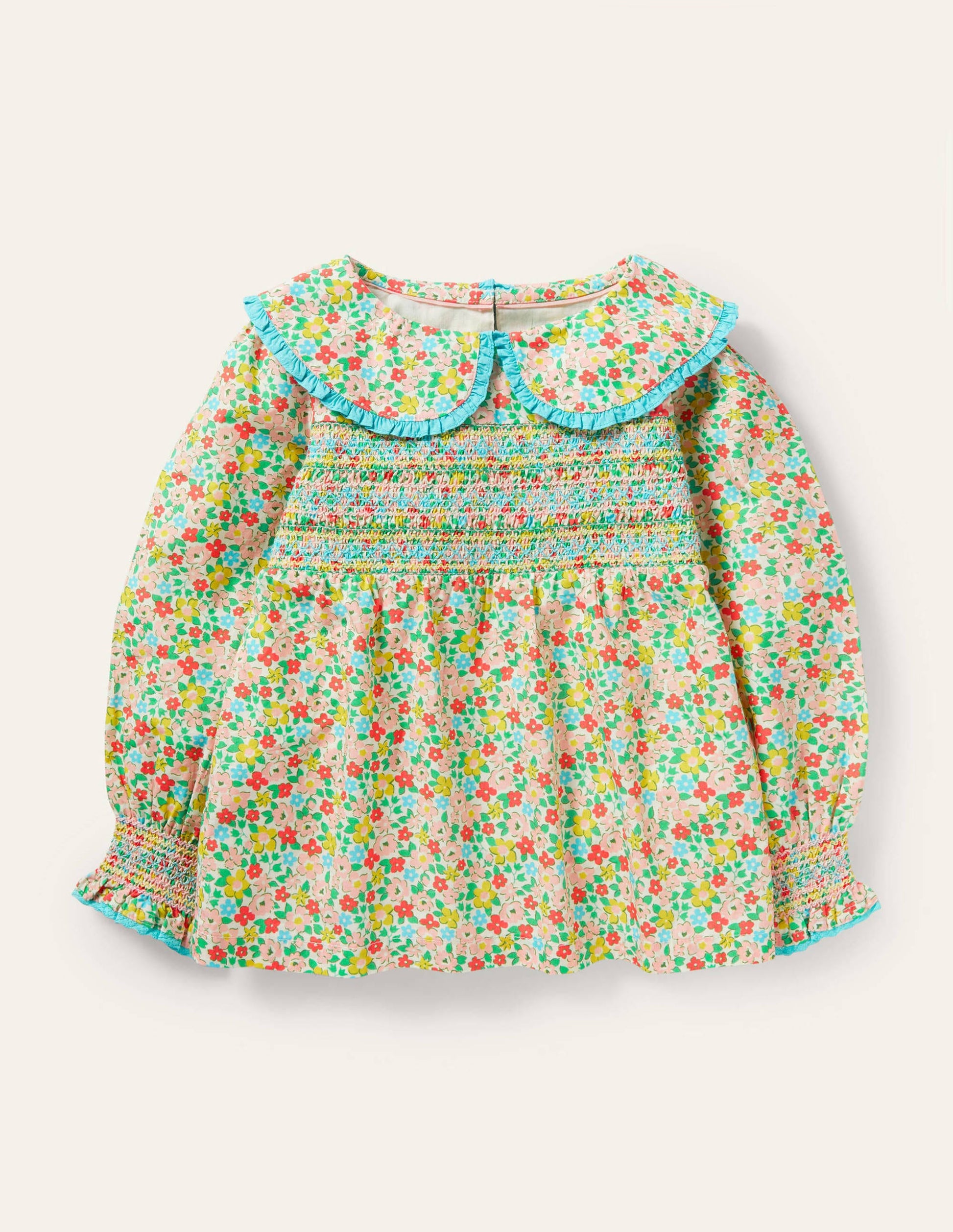 Smocked Collared Woven Top-Multi Spring Floral-1