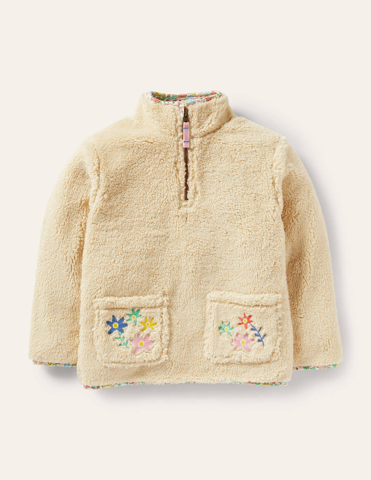 Half-Zip Teddy Sweatshirt-Oatmeal Embroidered Horse-1