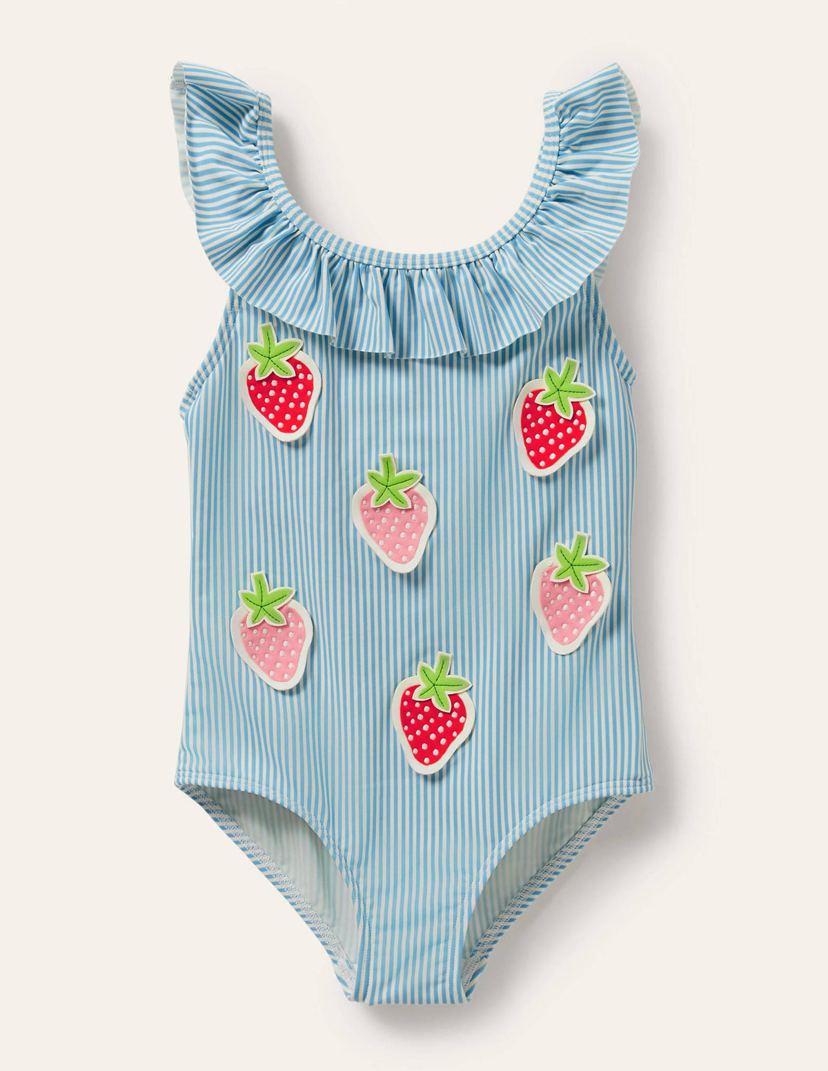 Blue Stripe Strawberry Frill Swimsuit-Blue/Ivory Ticking Strawberry - Image 1