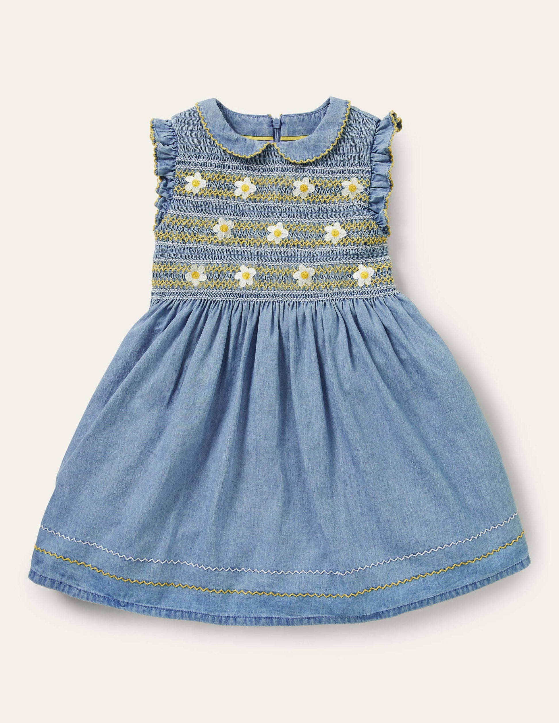 Smocked Woven Dress-Chambray-1