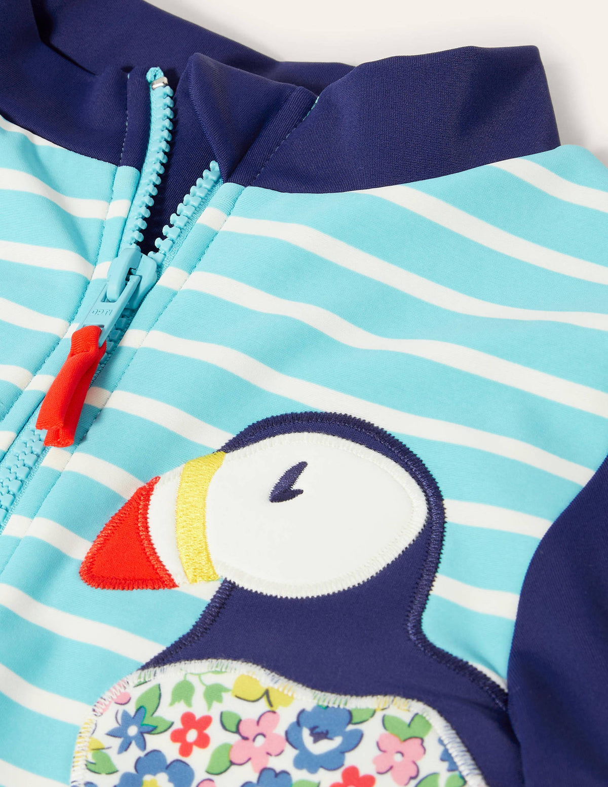 Long-sleeved Appliqué Swimsuit-Aqua/Ivory Puffins - Image 3