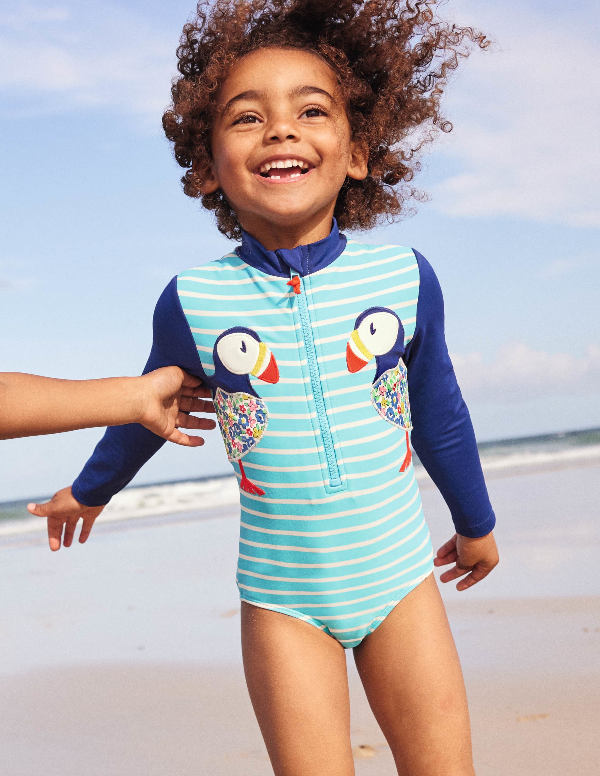Long-sleeved Appliqué Swimsuit-Aqua/Ivory Puffins - Image 4