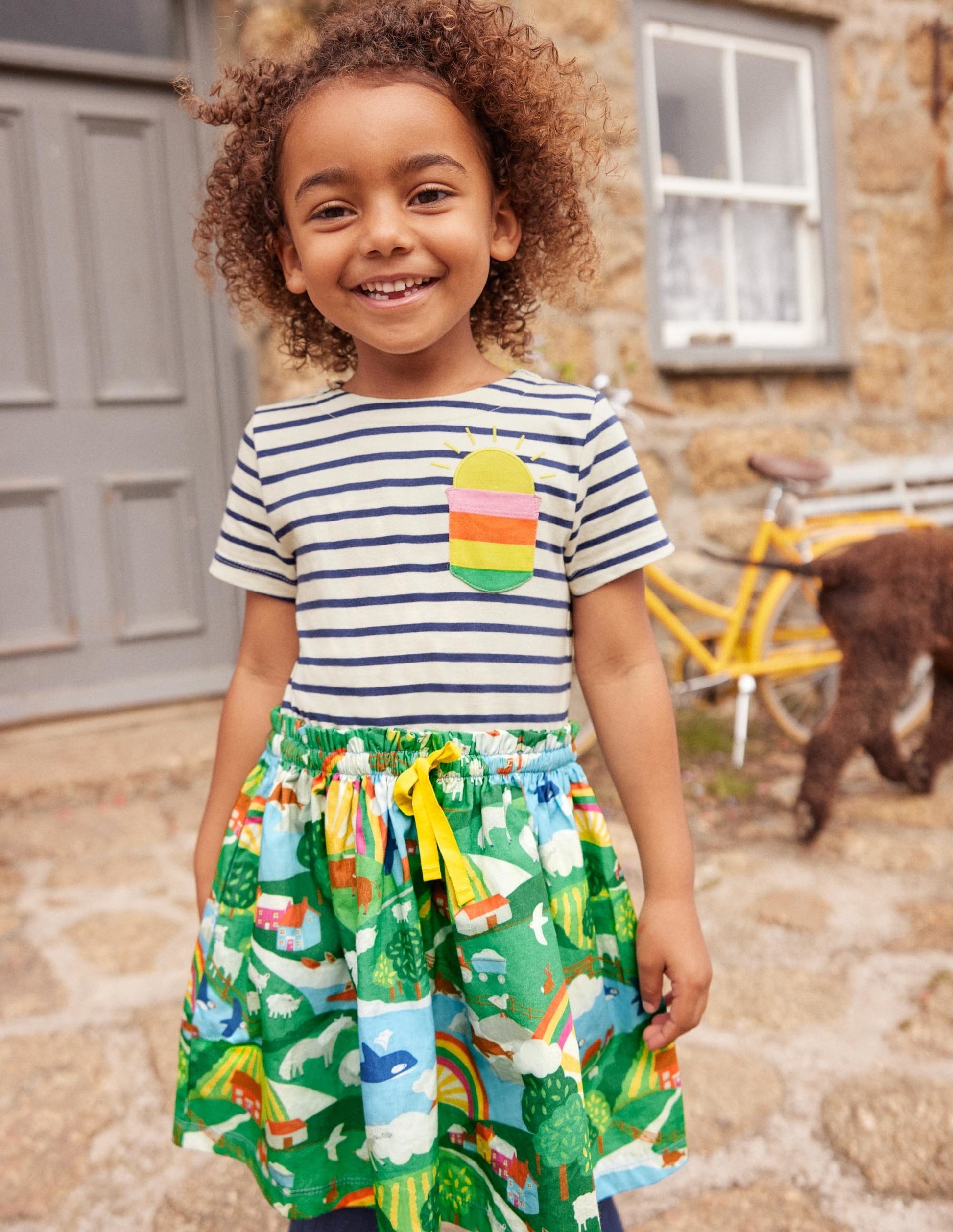 Short-sleeve Hotchpotch Dress-Ivory/ Starboard Blue Scene-5