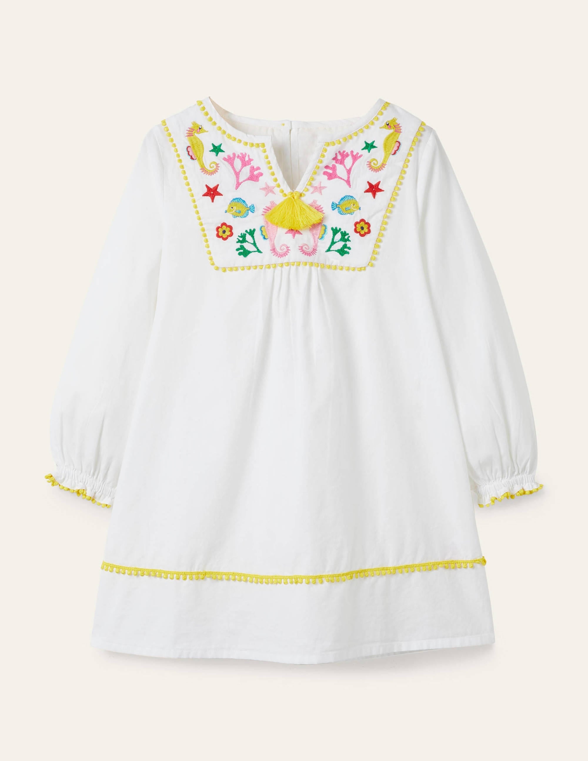 Long-sleeve Embroidered Kaftan-White Sea Life - Image 1