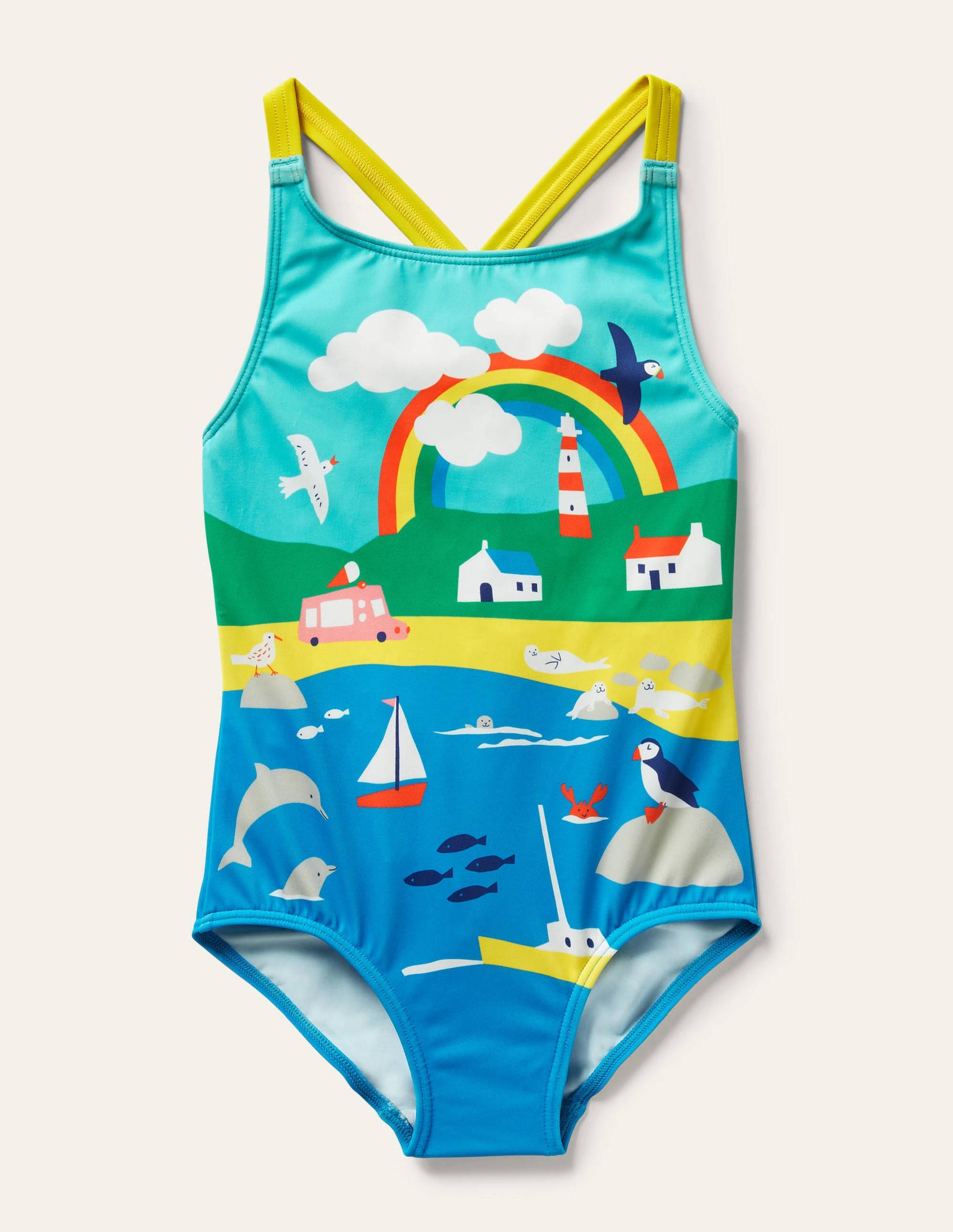 Cross-back Printed Swimsuit-Multi Coastal Scene-1