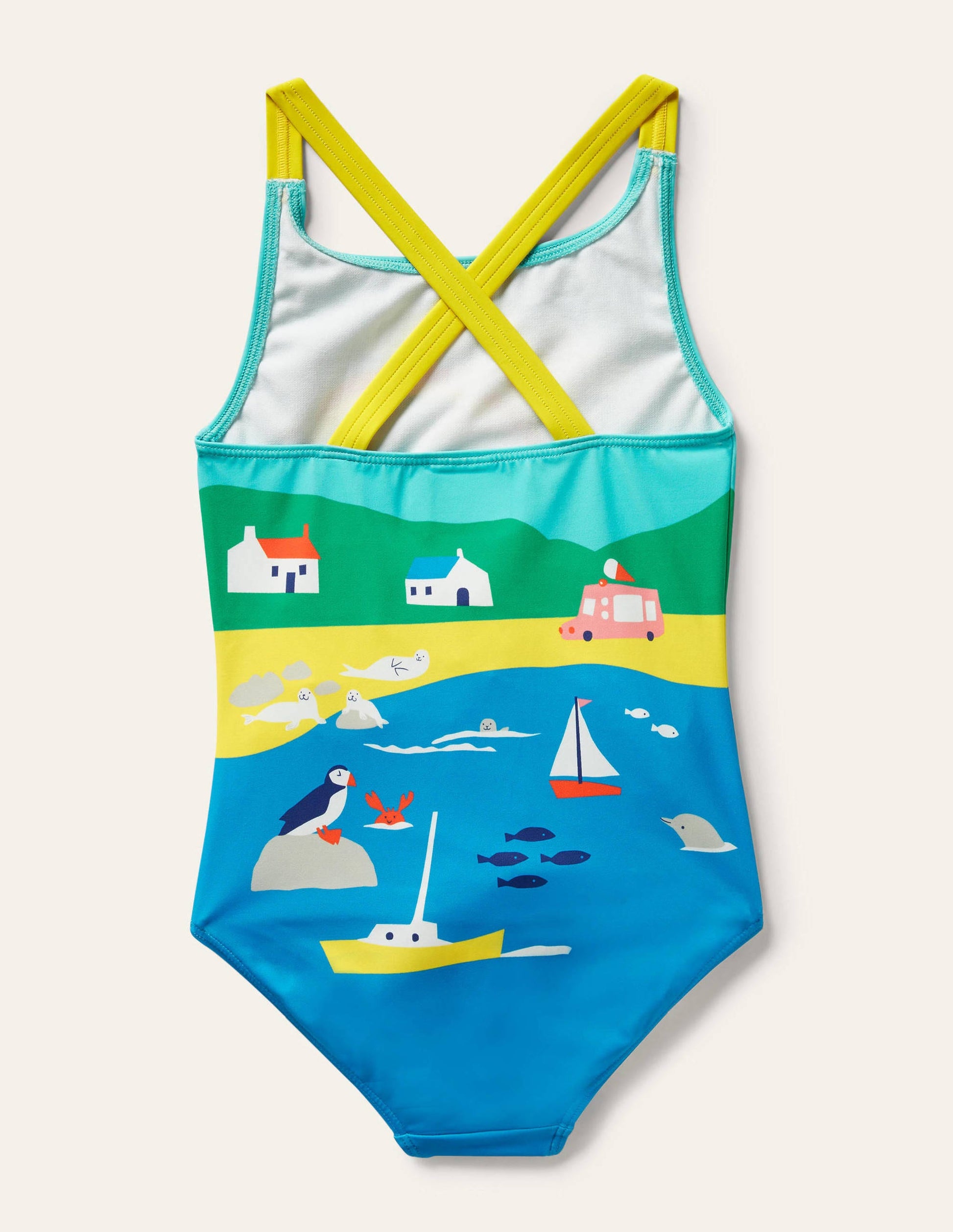 Cross-back Printed Swimsuit-Multi Coastal Scene-2