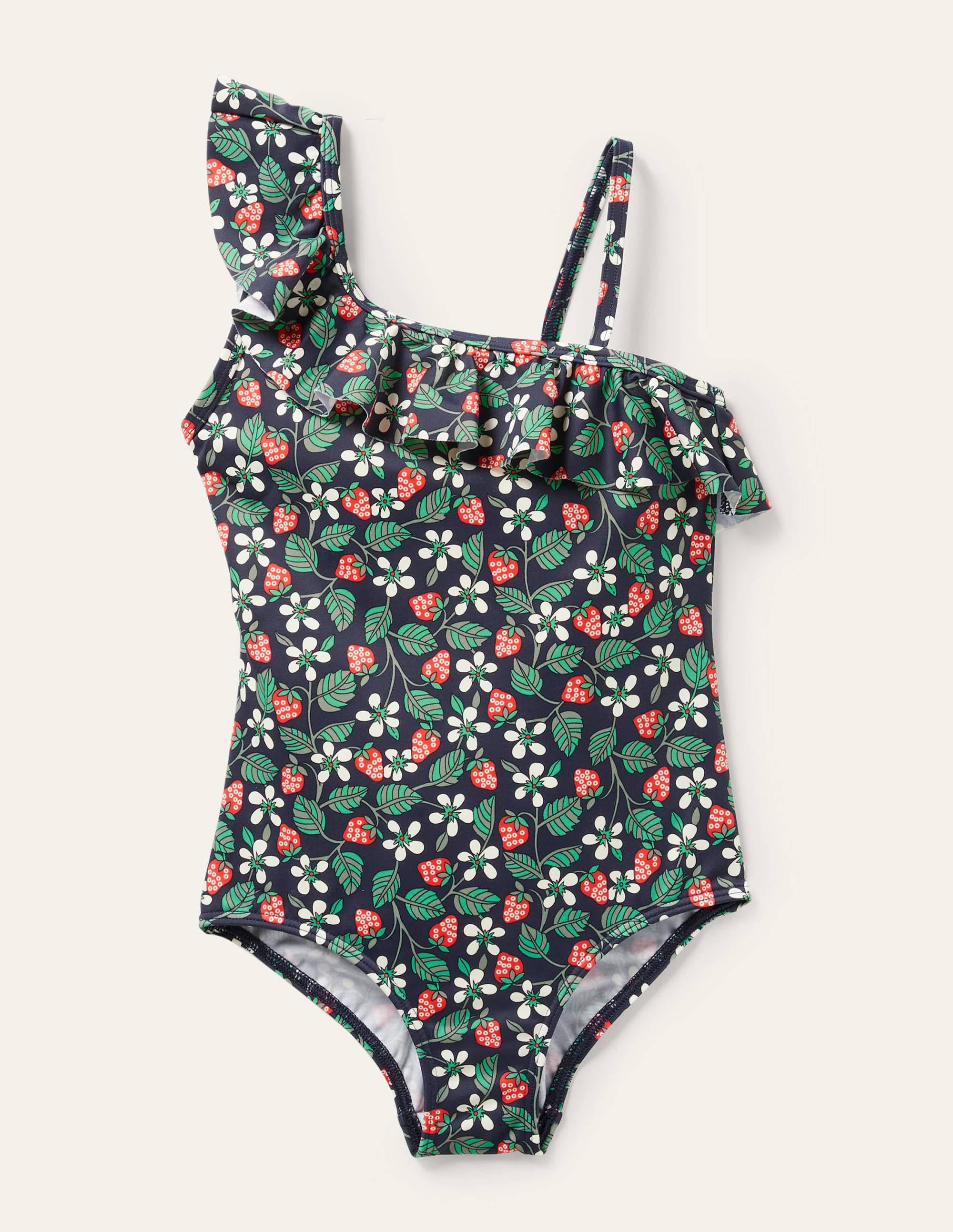 Navy Strawberry Print One Shoulder Swimsuit-Navy Strawberry - Image 1